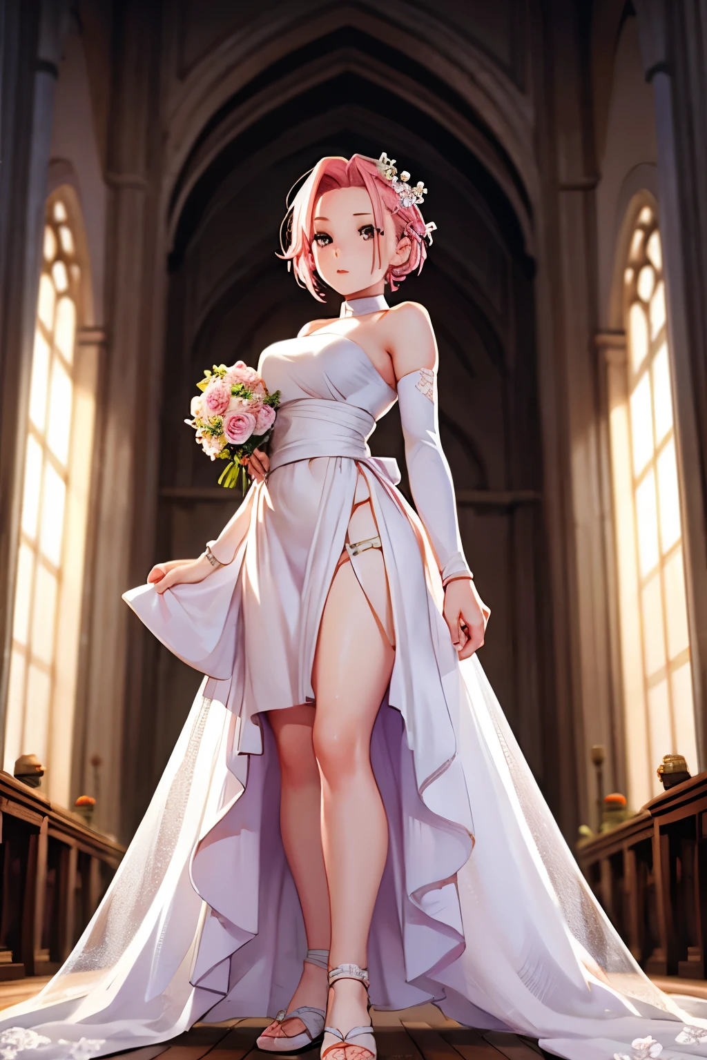 Sakura haruno, ((solo)), alone, bride, wearing a white wedding dress, queen, happy, ((forehead to show)), standing, entering the church, pink hair, short hair, delicate, young, short hair, detailed face, high definition, ((full body)), (flowers around her), full body, she is a beautiful woman getting married, face with high quality, beautiful, radiant