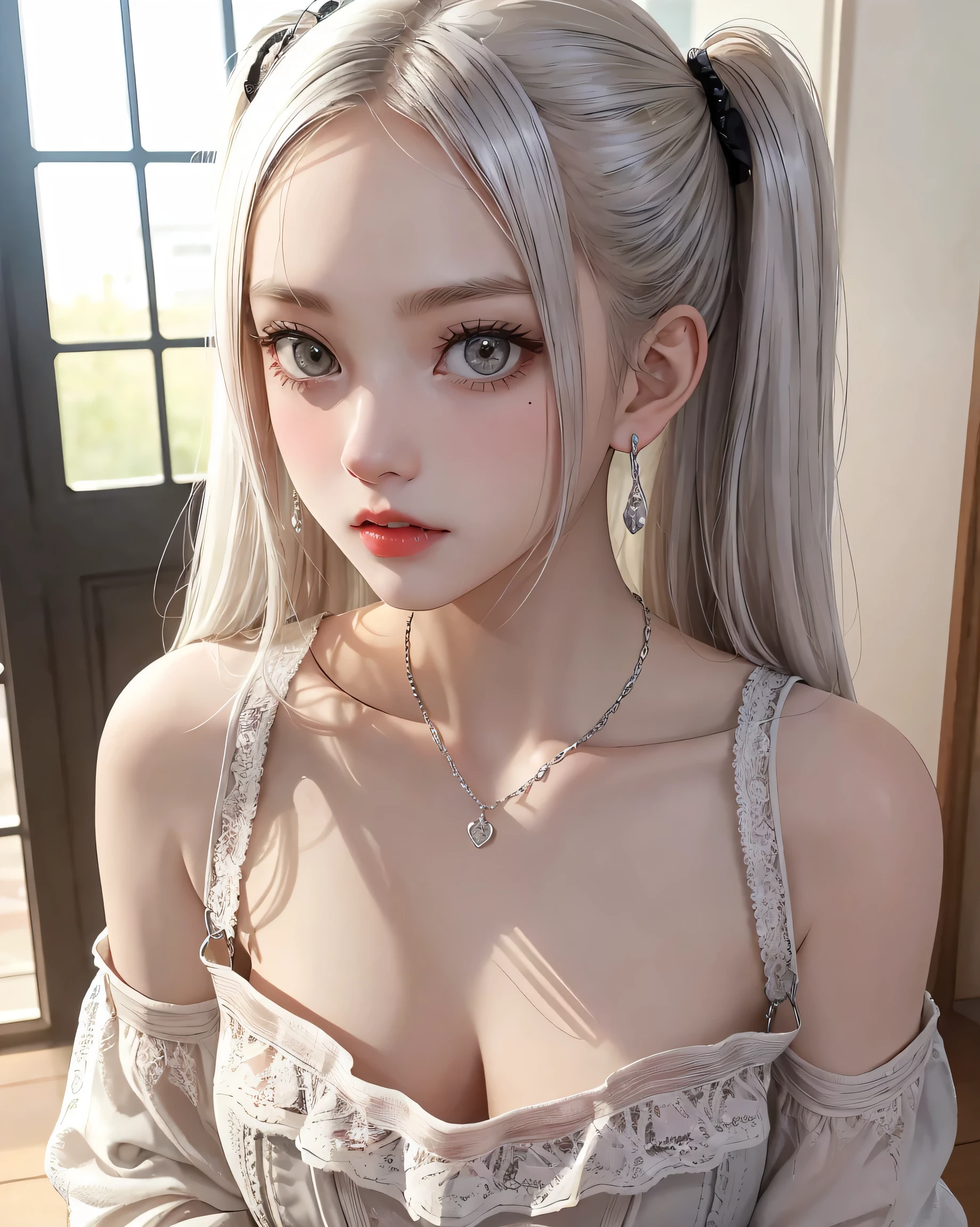 high quality, Lots of details, A girl with silver hair and twin tails poses cutely. They are wearing vintage sexy clothes., Putting on a bracelet, Earrings and Necklaces. I can see big things, Cleavage, Shining Breasts, Sweat drips from her cleavage, Sexy vibe.