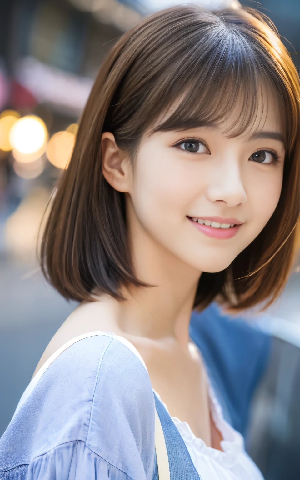 Cute 21 year old Japanese、city、shopping、Super detailed face、Pay attention to the details、double eyelid、Beautiful thin nose、Sharp focus:1.2、Beautiful woman:1.4、(Light brown hair,short hair、),Pure white skin、highest quality、masterpiece、Ultra-high resolution、(Photorealistic:1.4)、Highly detailed and professional lighting、nice smile、Please show me your whole body、Cute Spring Clothes、