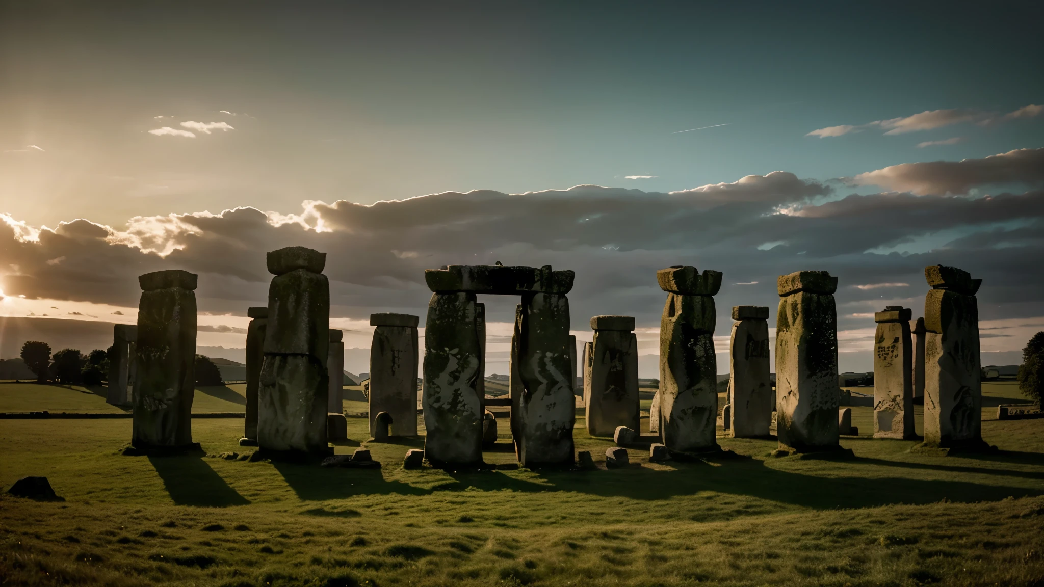 Create an evocative image that captures the enigmatic allure of Stonehenge in England. Picture the towering stone monoliths standing sentinel amidst the vast Salisbury Plain, their weathered surfaces bearing the weight of centuries of mystery and speculation. Let the soft hues of dawn or dusk paint the sky, lending an ethereal quality to the scene as shadows dance among the ancient stones. Incorporate the surrounding landscape, with its rolling hills and whispering winds, to convey the timeless connection between this Neolithic marvel and the natural world. Through your image, invite viewers to ponder the secrets of Stonehenge and to marvel at the enduring legacy of human creativity and curiosity.