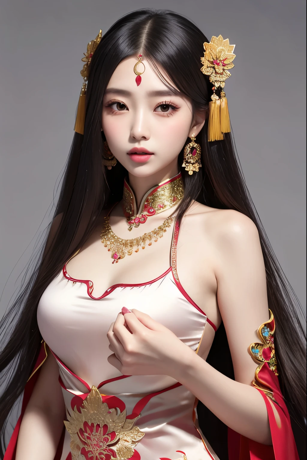1girl, long_hair, portrait, upper body, china transparent silk dress, dress, hair ornament, necklace, jewelry, long hair, earrings, chinese clothes