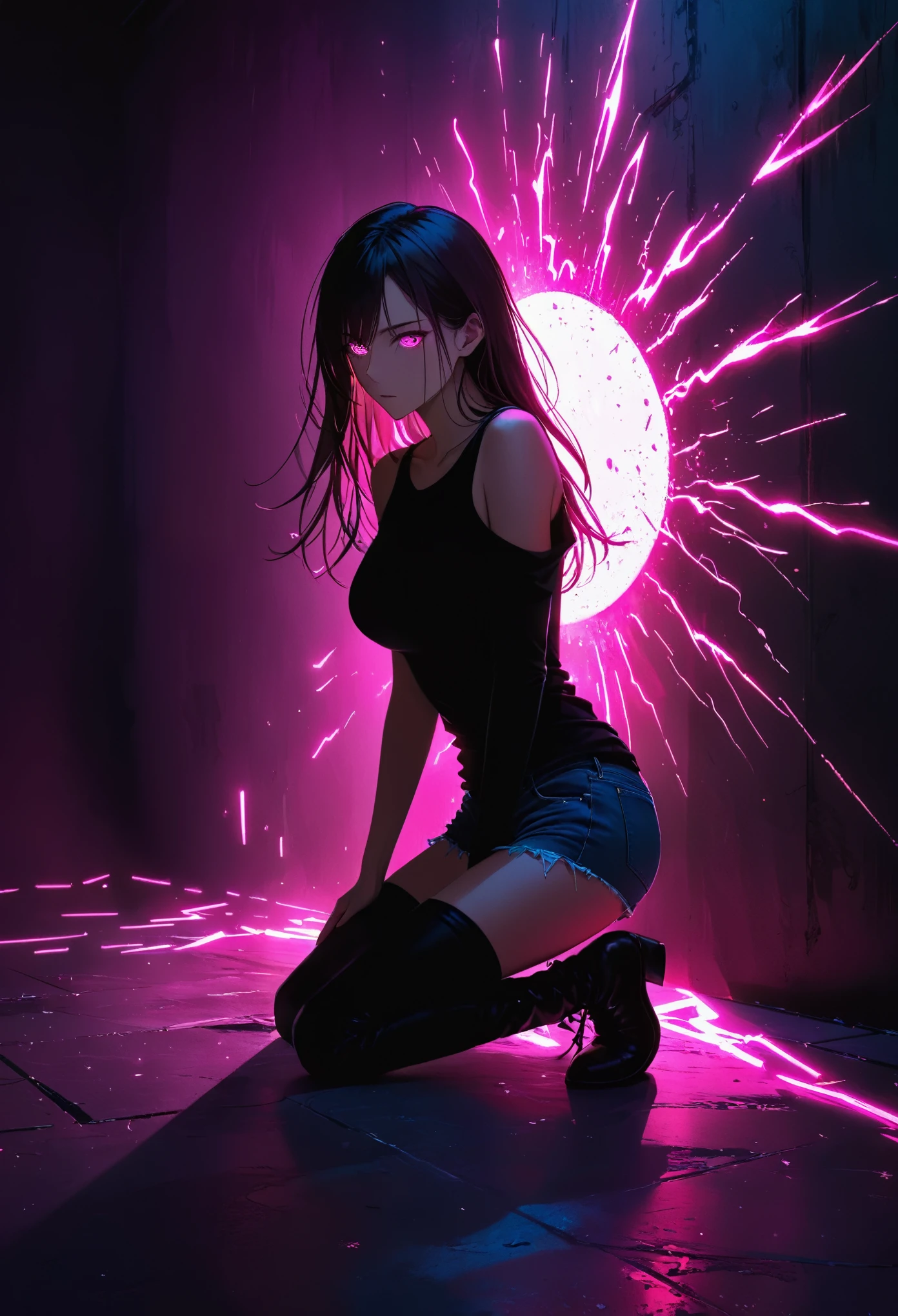 (Portrait of a mysterious giant eye), indoor, Fluorescent illumination, (Darkness shrouded, Wall background, black background, shadow, extreme darkness:2.0), Minimalist graffiti style background, Fluorescent pink eye graffiti, Dark atmosphere, 1girl, Oversized black T-shirt, midlle breasts, Waistless T-shirt, underboob, blurred background, Blurred foreground, neon Pink glowing hair, neon pink glowing eyes, Bare shoulder, presenting armpit, Kneel on the ground, Unbelievably long hair, Messy hair, Low rise denim shorts, Over-the-knee boots, pink eye shadow, Eye of destruction, Poker face, silhouette, cowboy shot, Surrealism, perspective, cowboy shot, pov, UHD, anatomically correct, super detail, best quality, 16k, masterpiece