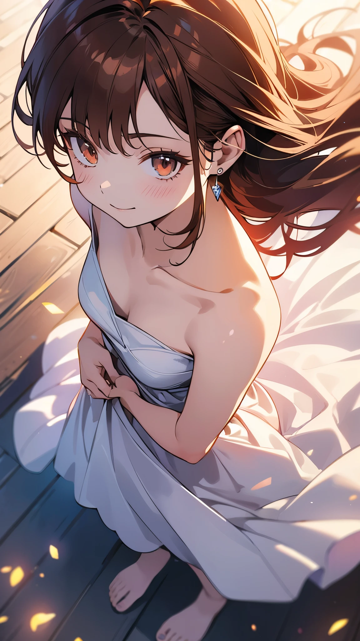 (highest quality, 4k, High resolution, masterpiece:1.2), Super detailed, (anime style, photorealistic:1.37), cinematic light, Bright colors and mesmerizing effects, Soft and delicate lighting, gentle shine, Beautiful and gentle atmosphere throughout the scene, (1girl:1.5), joven, (Cara finamente detallada:1.4, Ropa detallada), (Detallado:1.4) named (Eimi Fukada:1.1) BREAK Cara hermosa, Profundidad de campo, Agregar capa, 27 years old, Modelo de cuerpo perfecto, senos perfectos, 175cm de altura, pose sexy, full body, cuerpo completo, Tipo de cuerpo del modelo, BREAK (naked:1.3), (Cabello largo:1.2), (brunette:1.1), dark brown hair, doble parpado, (reddish brown eyes:1.5) BREAK (bedroom:1.1), laying on bed, smile, blush, from (above:1.5)