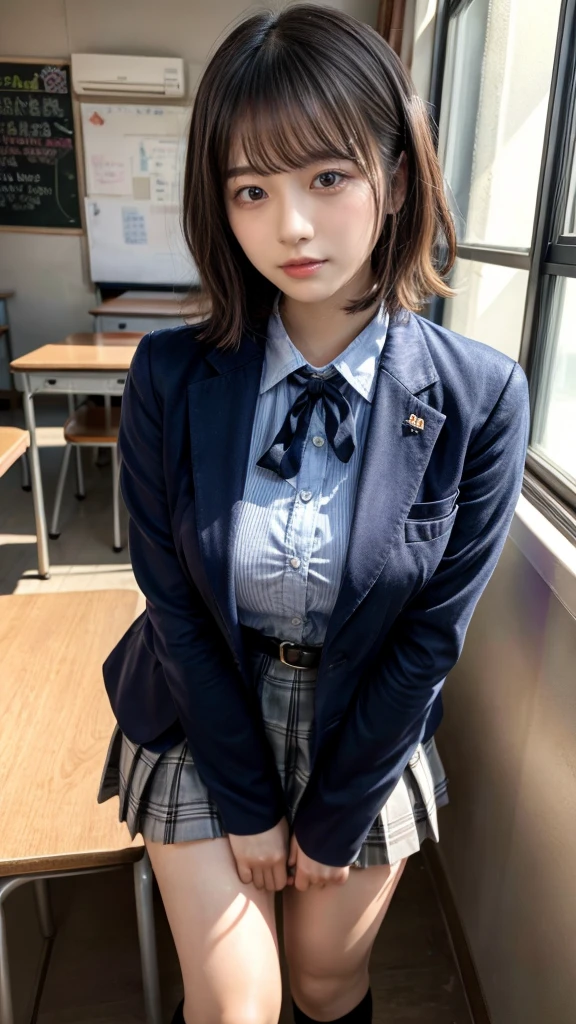 muste piece, best quality, illustration, Super detailed, fine details, High resolution, 8K,wall paper, perfect dynamic composition,(Details High quality, realistic depiction of eyes:1.3), (wavy hair:1.2), High School Classroom、High school girl uniform、blazer 、Super Short Check Uniform Skirt、Navy blue high socks、garterbelts、Colossal tits、Disturbed uniform, short bob hair, black hair color, large breasts, Big Natural Color Lip, bold sexy pose, (perfect body shape), crying a little、cold gaze, Harajuku style、20 year old girl、cute type, beautiful legs, hposing Gravure Idol, Voluptuous thighs, Accurate anatomy、Ultra-high definition beauty face、Ultra HD Hair、Ultra HD The Shining Eyes、The Shining, Super high quality beautiful skin、Super high quality glossy lip