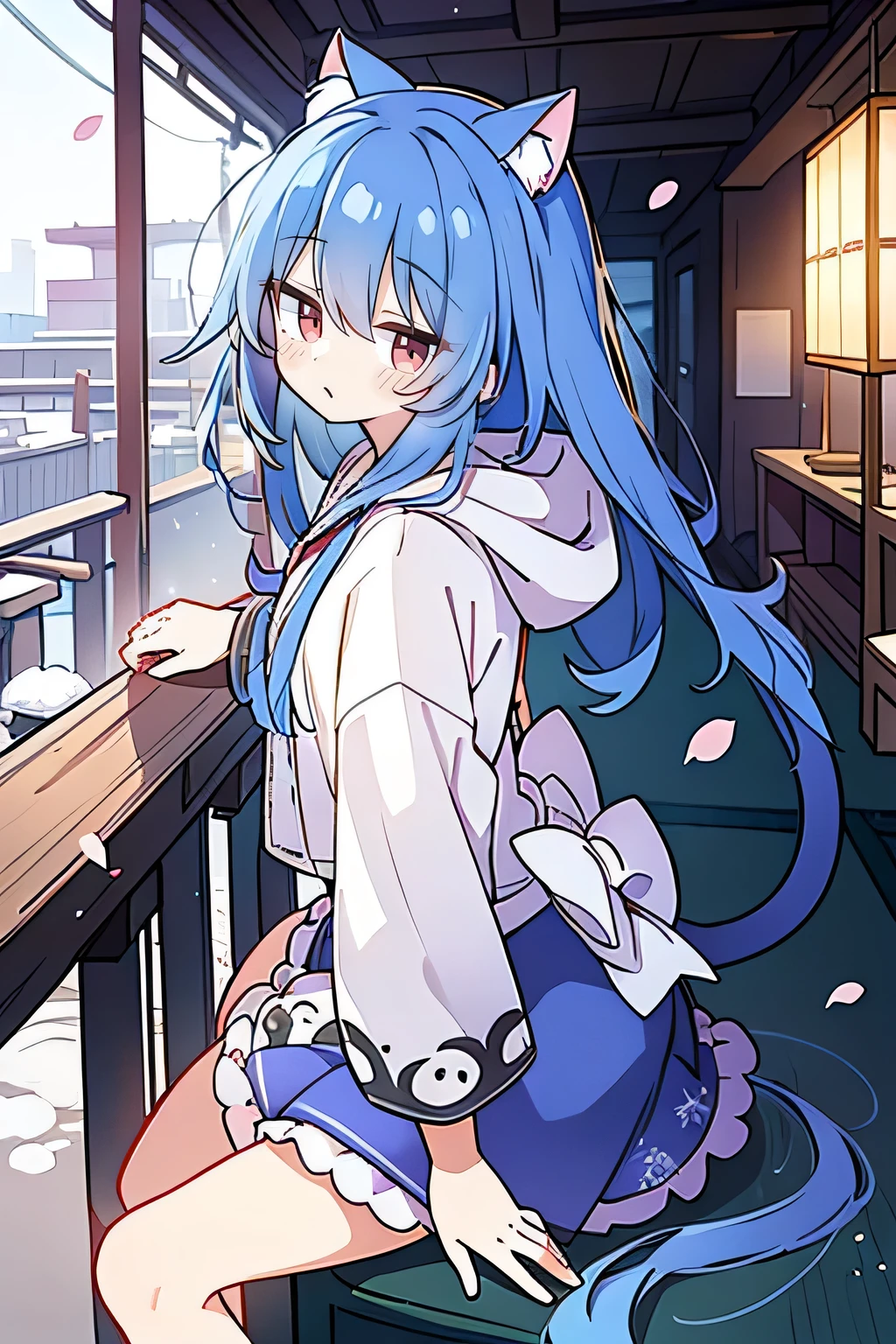 （masterpiece：1.2），Super detailed，lifelike，Expressive eyes，fair skin，perfect face shape，1 girl，
Japanese comics,Gorgeous blue hair,flowing blue hair,flowing clothes,Cat ears,Petals fall,beautiful lola,Baby Angel,
Shaking head with one hand，Cross your legs，Gentle and peaceful background，The pavilion is cool and comfortable,smile, wearing hoodie, background of tokyo,back views,snowing, winter.