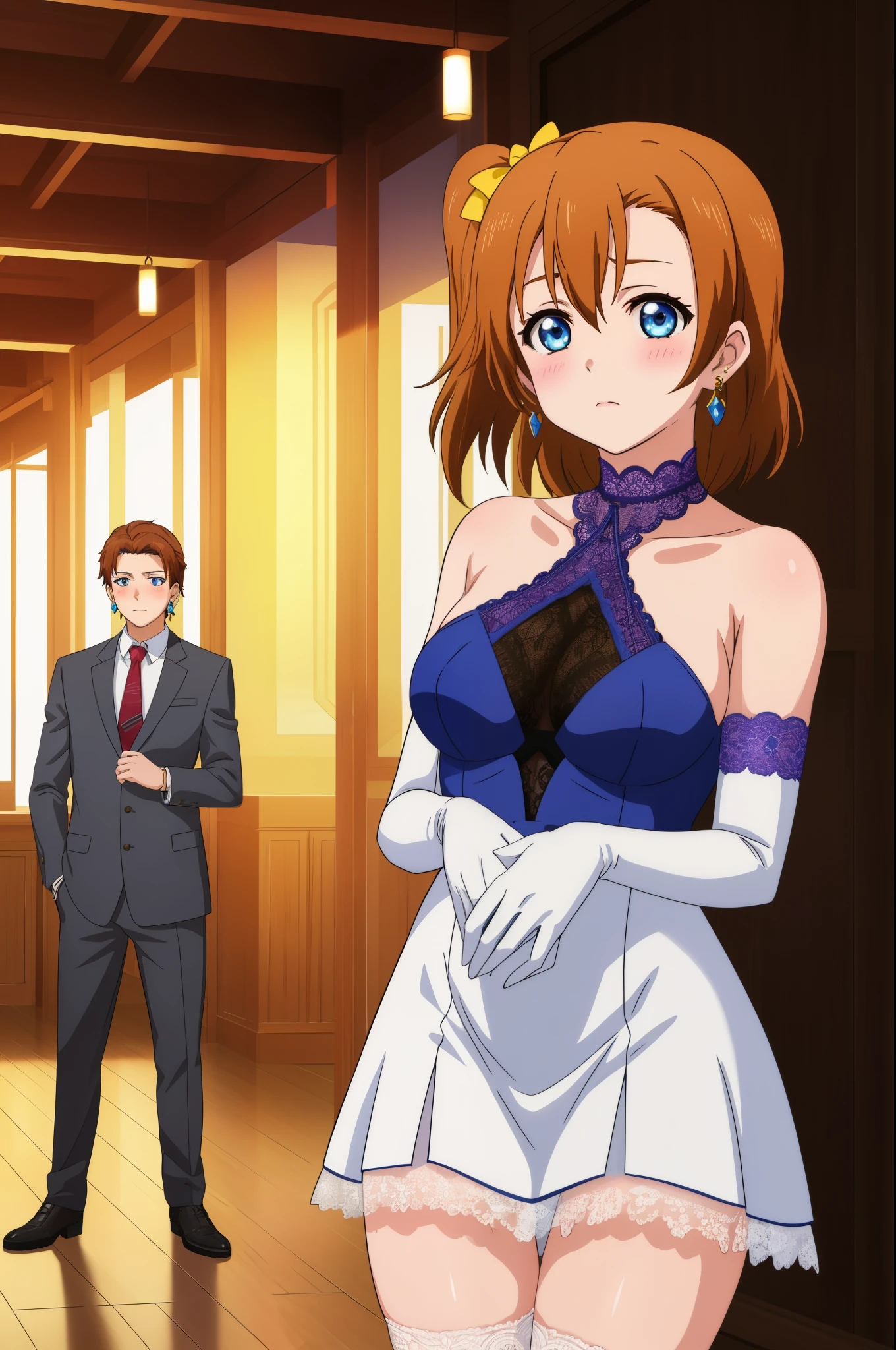 (Masterpiece, Best Quality, High Quality), cowboy shot,kousaka honoka, blue eyes,volumetric lighting, illustration, beautiful, breasts, alternate elegant hairstyle, blush, elegant skinny dress, lace straps, halter neck, jewelry, closed_mouth, diamond earrings, lace choker, lace elbow gloves,in party hall, thighs , girl standing with boy in suit