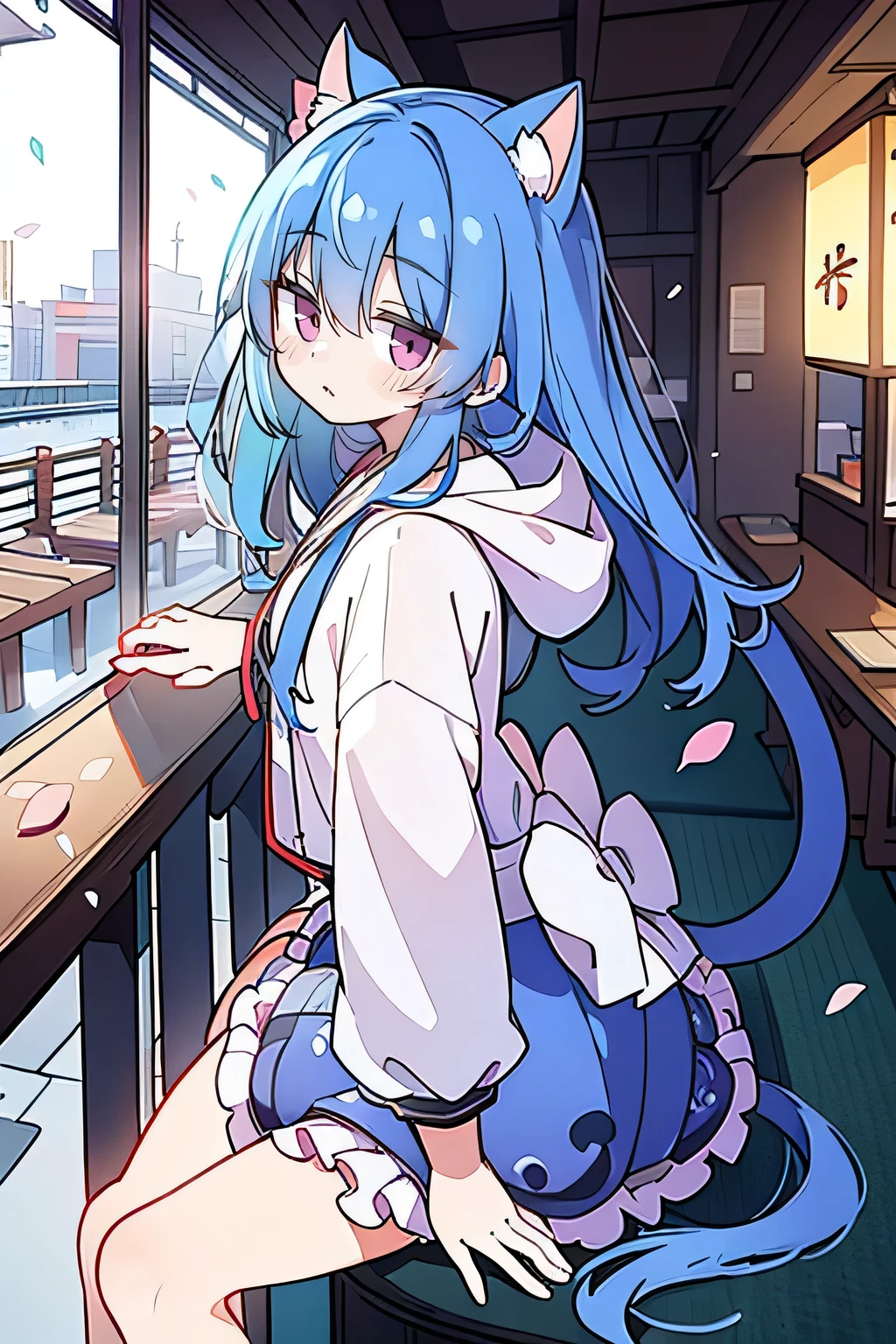 （masterpiece：1.2），Super detailed，lifelike，Expressive eyes，fair skin，perfect face shape，1 girl，
Japanese comics,Gorgeous blue hair,flowing blue hair,flowing clothes,Cat ears,Petals fall,beautiful lola,Baby Angel,
Cross your legs，Gentle and peaceful background，The pavilion is cool and comfortable,smile, wearing hoodie, background of tokyo,back views,snowing, winter,sad face ,crying. 
