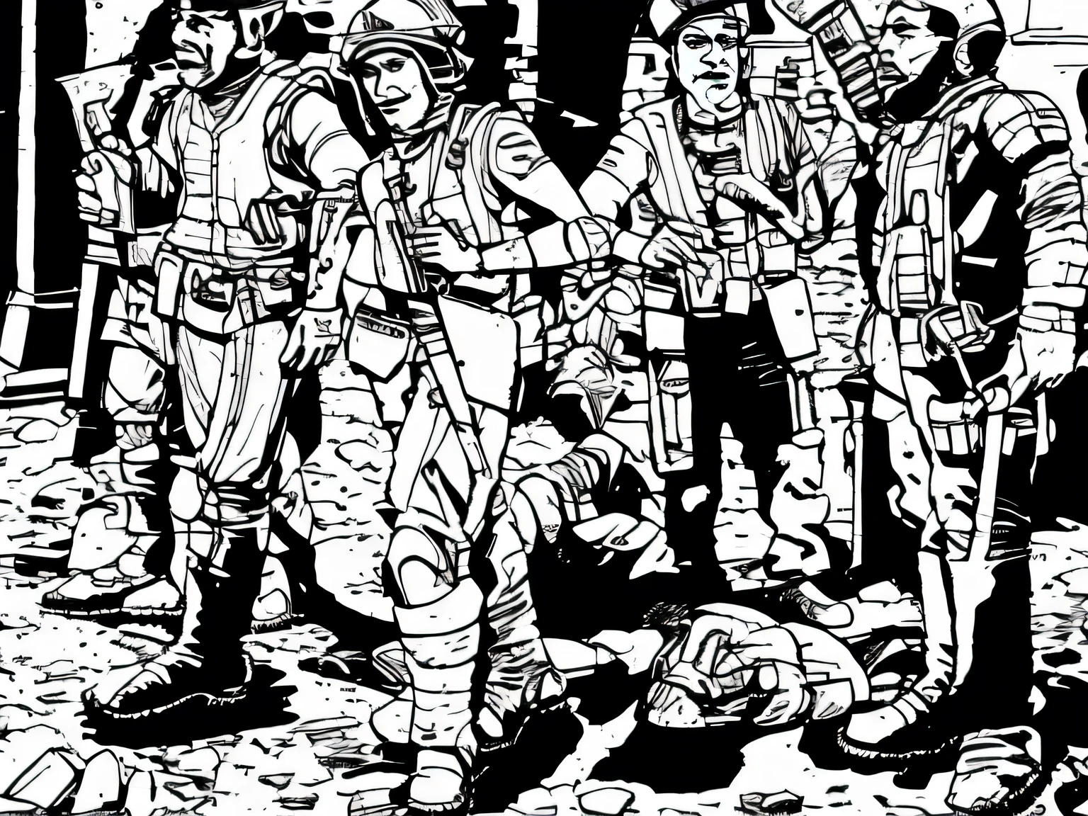 ((grey scale)), man, woman, vest, sci-fi, pistol, tools, weapons, suit, speaking, worn out, guards, helmet, neurohelmet, pilot, guard, rifle, holster, ballistic vest,  boots