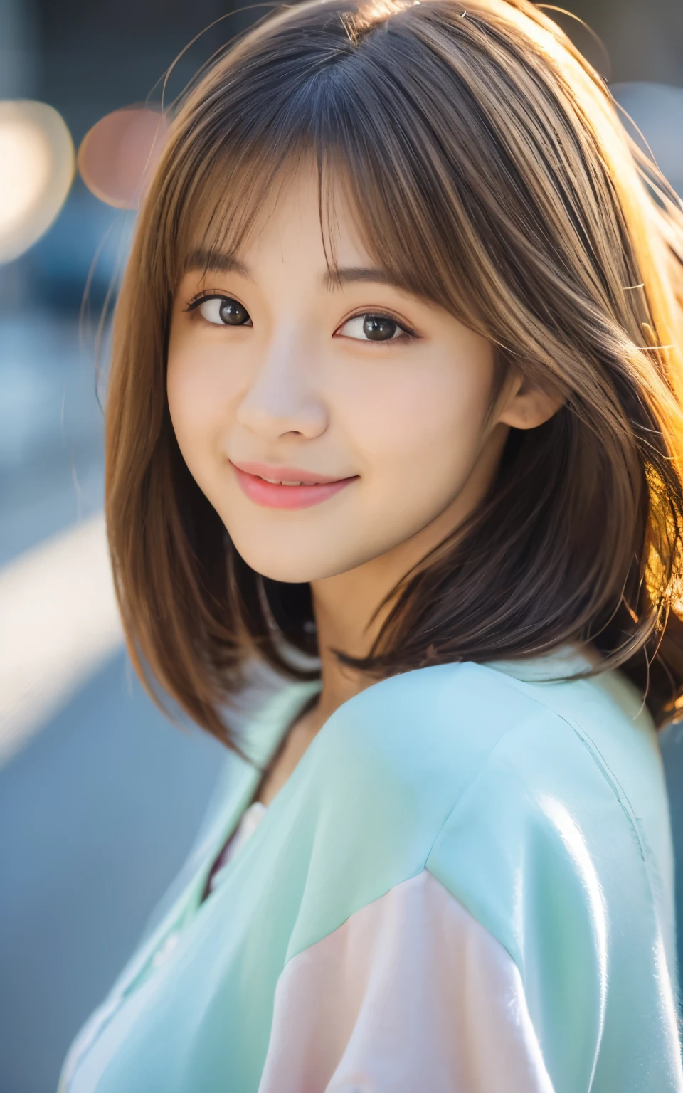 Cute 21 year old Japanese、city、shopping、Super detailed face、Pay attention to the details、double eyelid、Beautiful thin nose、Sharp focus:1.2、Beautiful woman:1.4、(Light brown hair,short hair、),Pure white skin、highest quality、masterpiece、Ultra-high resolution、(Photorealistic:1.4)、Highly detailed and professional lighting、nice smile、Please show me your whole body、Cute Spring Clothes、