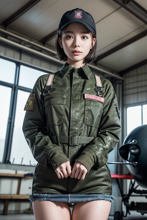 highest quality, ((Professional photos, RAW Photos)), Insanely Real, Very delicate and beautiful, Ultra-high resolution, Realistic lighting and shading, (A realistic image of a very cute female aircraft mechanic, alone), wide々Inside the aircraft hangar, A World War II-era monoplane fighter can be seen in the background...., Aircraft parts scattered on the floor, Maintenance Tools, She is in charge of aircraft maintenance...., (Wearing a long-sleeved mechanic coverall with a military camouflage pattern), (Wear heavy duty mechanic gloves), (Wear a headset), Her hair will be tied up later, Very professional mechanics, Mysterious Smile, ((Very beautiful eyes and face)), (Amazingly beautiful, Natural skin texture), Accurate Eyes, Accurate needle, Overall well-balanced body, ((15-year-old girl, Very short hair:1.3, Cute type, slim, The body is slim:1.3, Baseball cap))