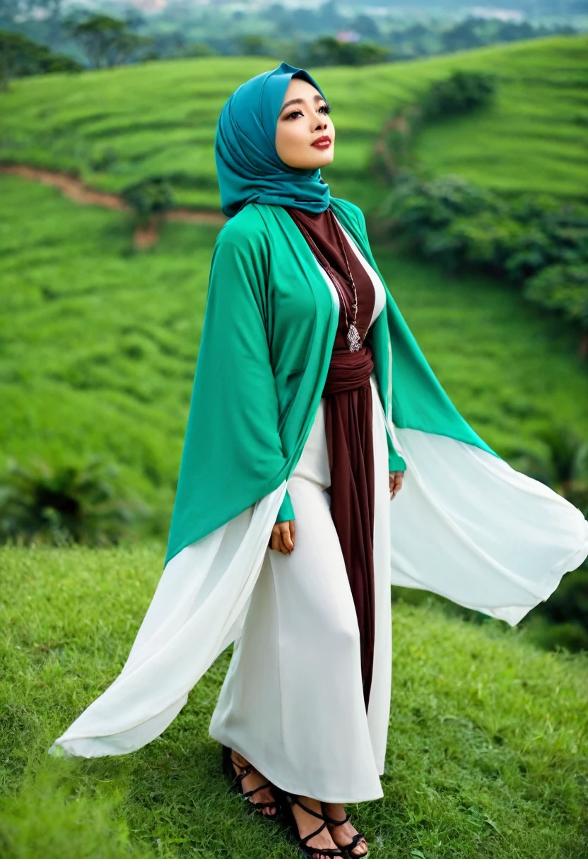 RAW, Best quality, high resolution, masterpiece: 1.3), beautiful javanese woman in hijab (iu:0.8)1beautiful javanese woman in hijab wearing modern youth Muslim clothing,medium breast, modern muslim fashion, flowing shawl, sci-fi, head looked up, top view. Standing on a green hill