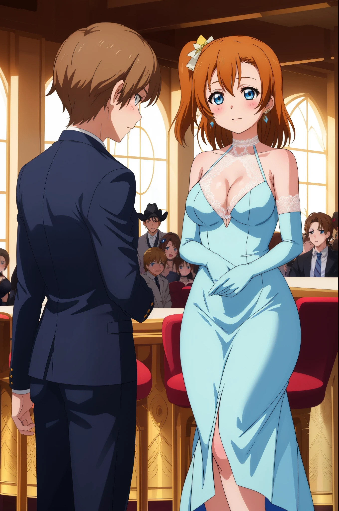 (Masterpiece, Best Quality, High Quality), cowboy shot,kousaka honoka, blue eyes,volumetric lighting, illustration, beautiful, breasts, alternate elegant hairstyle, blush, elegant skinny dress, lace straps, halter neck, jewelry, closed_mouth, diamond earrings, lace choker, lace elbow gloves,in party hall, thighs , girl standing with boy in suit 