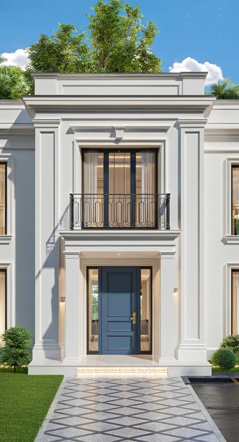 Architectural style Architectural style, ((Classic Style House)),(masterpiece) , ((best quality)), dramatic lighting, high quality outdoors, sky, day, cloud, tree, blue sky, building, scenery, road, real world location, sunlight, enough detail, high resolution,super realistic, Photorealistic, highly detailed, balcony, plants, door, car, truck, parking slot, paving, . Clean lines, architectural drawing, highly detailed , . Clean lines, geometric shapes, minimalist, modern, architectural drawing, highly detailed