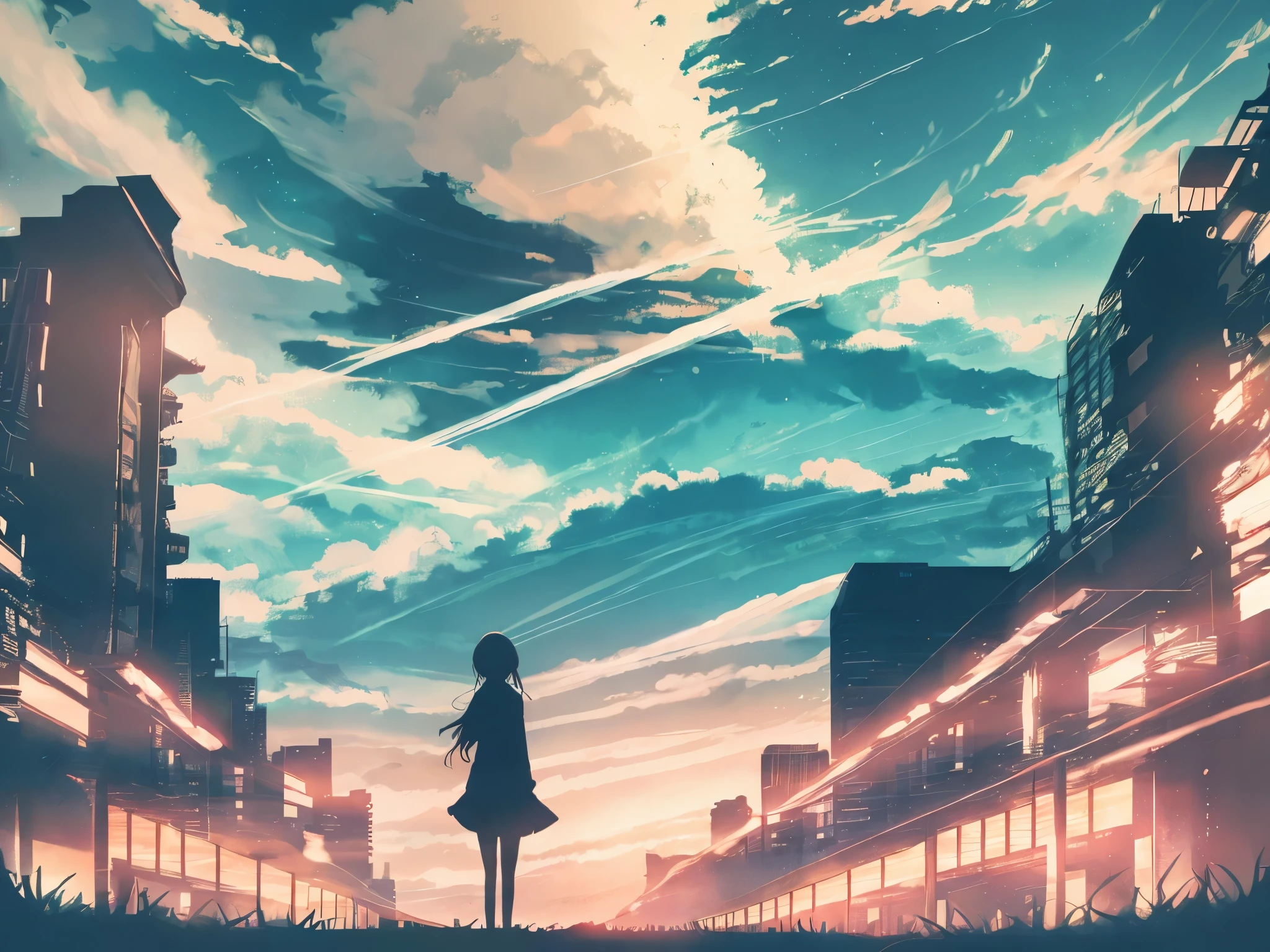 anime,silhouette,1girl, headphone、Back view、Blonde、Cigarette smoke、star (sky), cloud, cityscape, building, city, outdoors, skyscraper, city lights, night, night sky, sunset, skyline