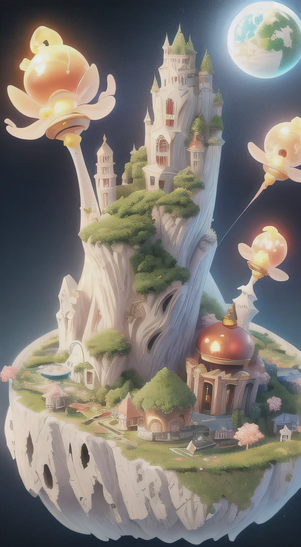 Panorama of the future quantum city, marble, Underground well lights, footlights, Celestial bodies around, Red giant star in the background,Floating Island,Full of flowers