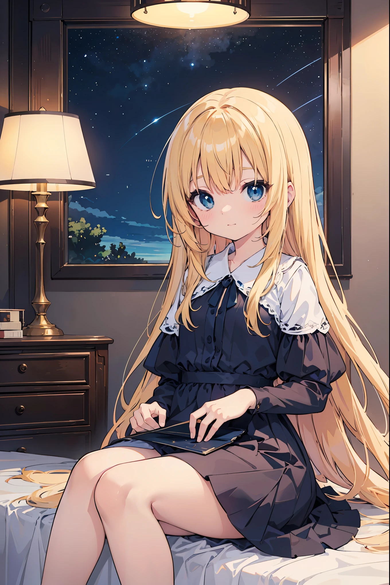 Highly Detailed CG Integrated 8k Wallpaper、Very Good、Absurd、8KCG Wallpaper、Highest Quality、Super Detailed、Cute Face、Anime Girl Sitting on Bed in Blue Dress and White Shirt, Home Art Animes, Blonde Long Hair anime girl, anime style as destiny, Cute girl anime pictures, cute anime wife in a nice dress, in a dress, best anime girl, small curves, anime moe art style、The stars are full of shine