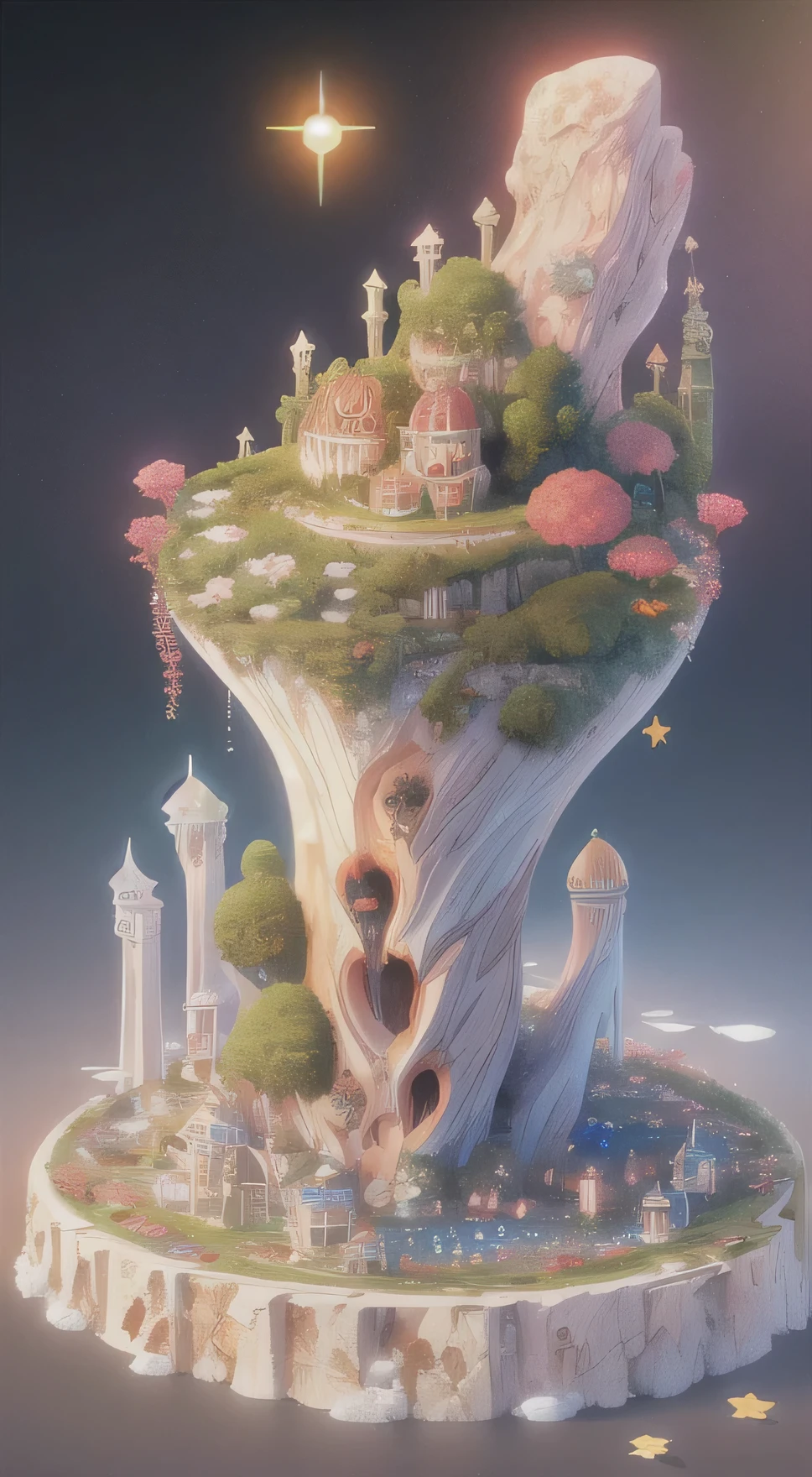 Panorama of the future quantum city, marble, Underground well lights, footlights,  Celestial bodies around, Red giant star in the background，Floating Island，Full of flowers