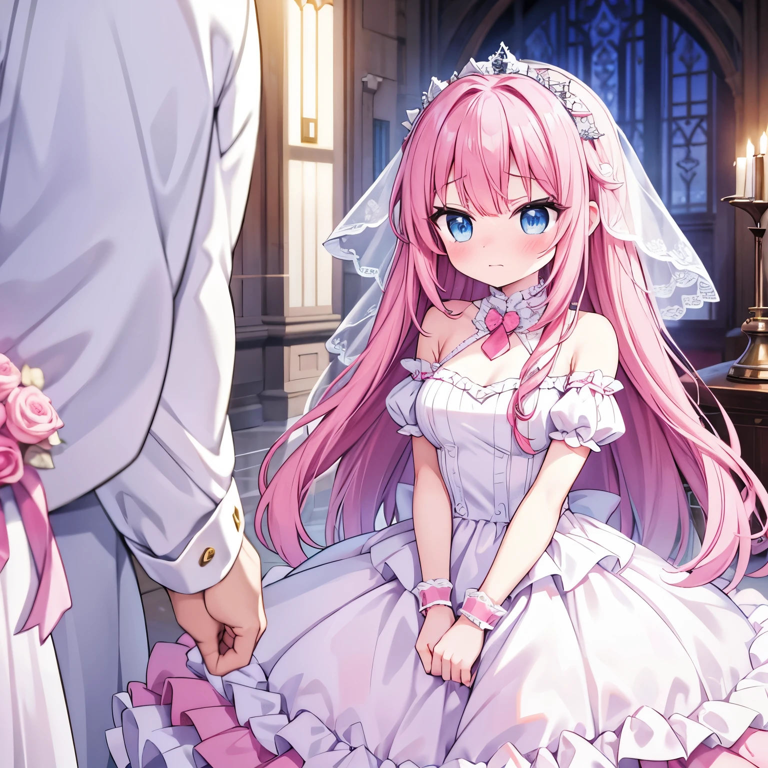 pink long hair, teenager, blue eyes, wedding dress, embarrassed