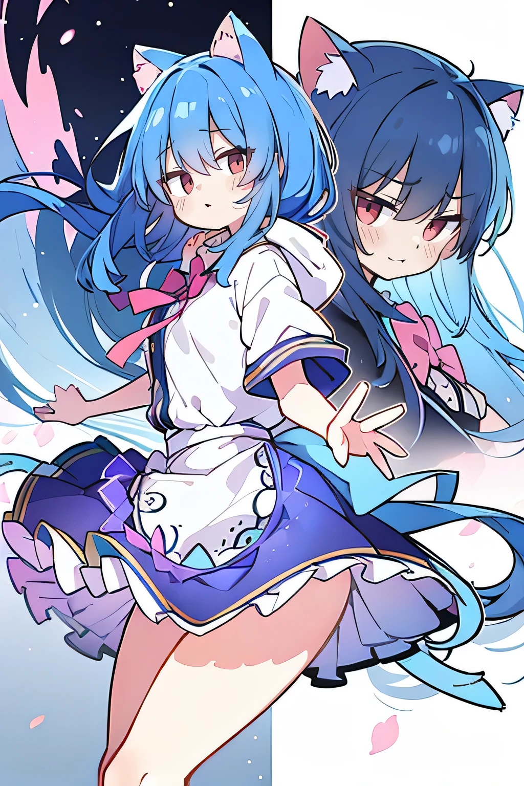 （masterpiece：1.2），Super detailed，lifelike，Expressive eyes，fair skin，perfect face shape，1 girl，
Japanese comics,Gorgeous blue hair,flowing blue hair,flowing clothes,Cat ears,Petals fall,beautiful lola,Baby Angel,
Shaking head with one hand，Cross your legs，Gentle and peaceful background，The pavilion is cool and comfortable,smile, wearing hoodie, background of tokyo,back views,snowing, winter.