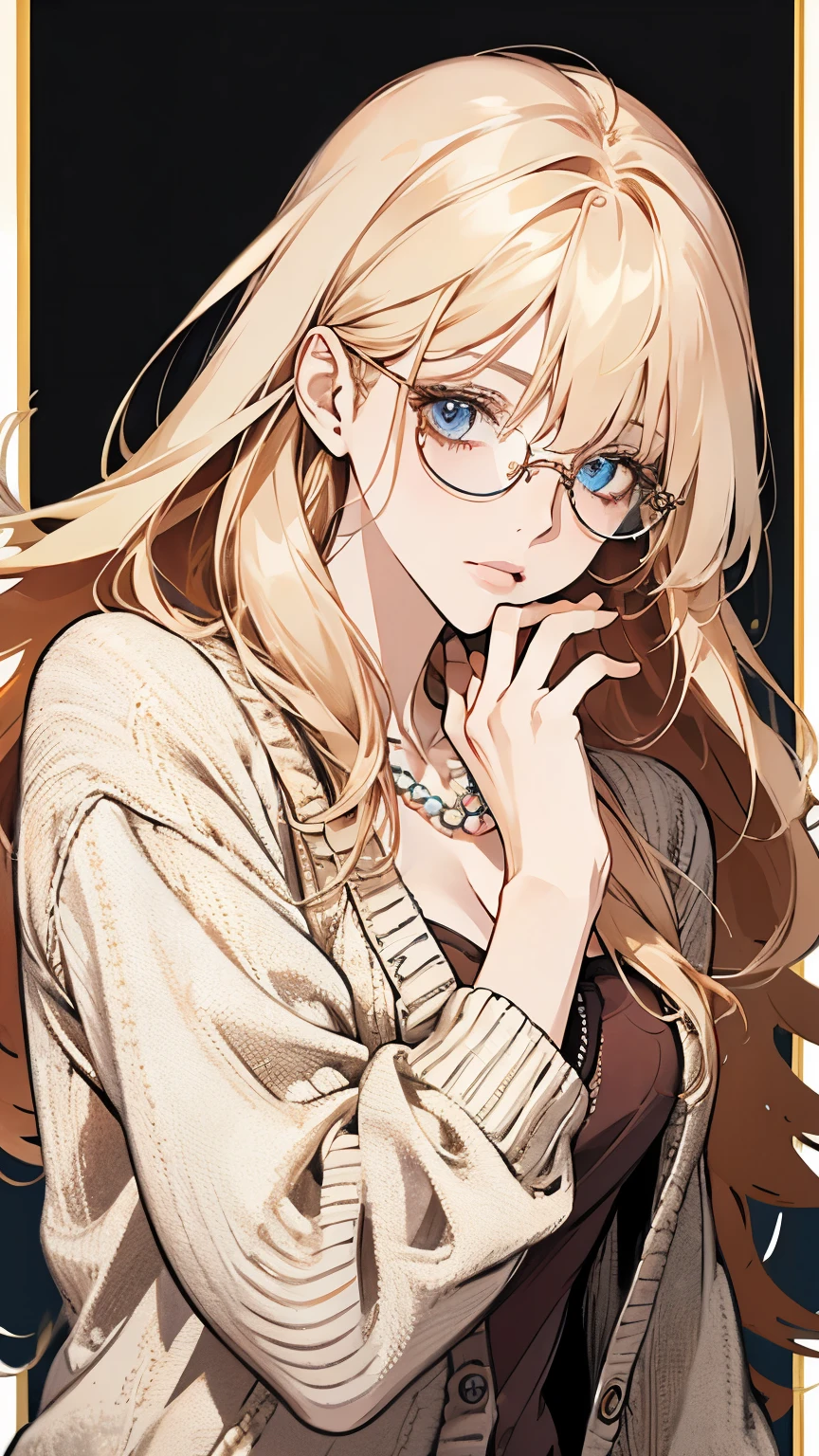 gorgeous adult woman, long neck, long blonde hair, bangs, perfect eyes eyes, soft light, high quality, 4k resolution, casual clothes, bead necklace, knit cardigan, over-rim eyewear, bespectacled, looking at viewer, Put your hand on your cheek and think