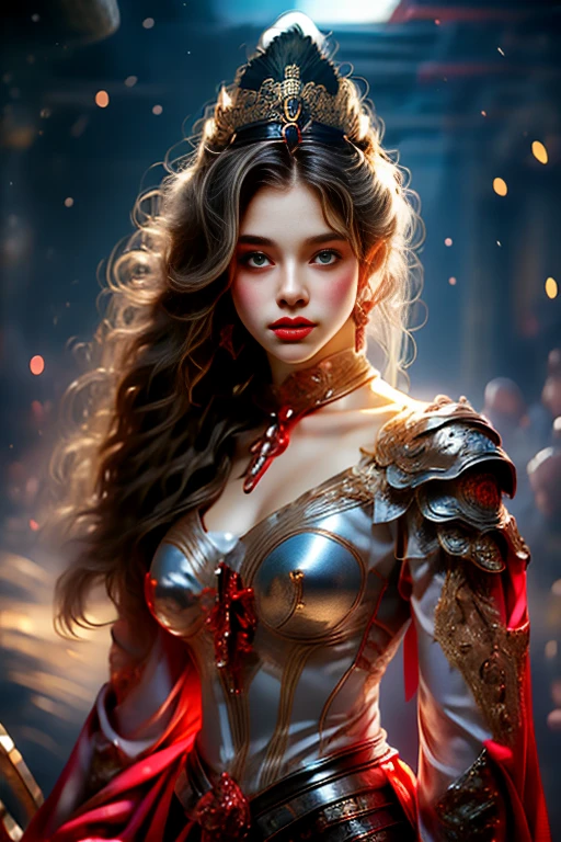 Black Armored Woman，Long hair，Hold the advanced sword in the right hand，Armor fighting scene，Very cute face，Very slim的身材，Very slim，Small waist，Super perfect，Perfect big round breasts，Smooth skin，Silky hair，blue eyes，，Red robe，Blue headscarf princess crown，Luxurious golden pattern armor，Blonde，fighting style，Red lips，blush，Erect nipples，Energetic，红blue eyes，Strong gaze，Seductive eye contact，Bright red iris，Shining deep blue stars，Sparkling eyes，Vibrant colors，(Facing forward:​​1.5)，Fantasy Art，Beautiful illustrations，(Natural side light，Cinema Lighting)，Looking at the audience，Upper Body，((Highest quality))，Highest quality，8K，high resolution，(masterpiece:1.2)，Ultra Detailed，(front:1.9)，(lifelike，lifelike，Reality:1.6)