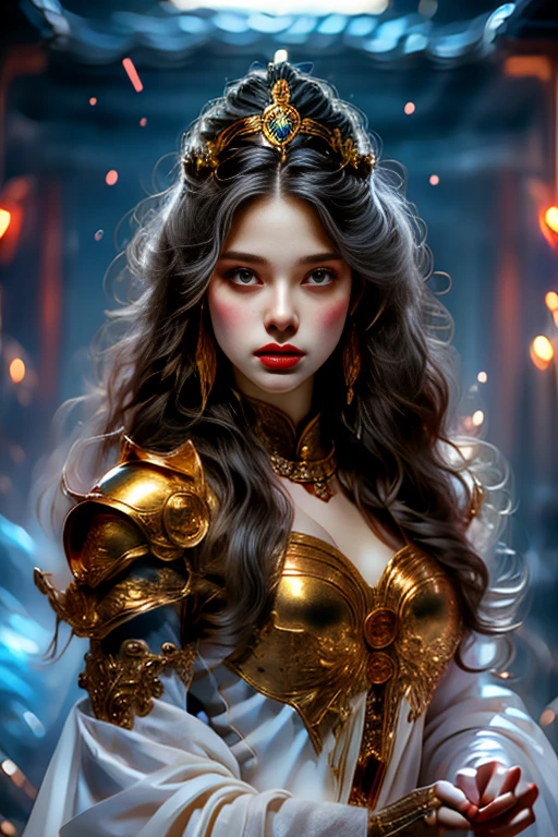 Black Armored Woman，Long hair，Hold the advanced sword in the right hand，Armor fighting scene，Very cute face，Very slim的身材，Very slim，Small waist，Super perfect，Perfect big round breasts，Smooth skin，Silky hair，blue eyes，，Red robe，Blue headscarf princess crown，Luxurious golden pattern armor，Blonde，fighting style，Red lips，blush，Erect nipples，Energetic，红blue eyes，Strong gaze，Seductive eye contact，Bright red iris，Shining deep blue stars，Sparkling eyes，Vibrant colors，(Facing forward:​​1.5)，Fantasy Art，Beautiful illustrations，(Natural side light，Cinema Lighting)，Looking at the audience，Upper Body，((Highest quality))，Highest quality，8K，high resolution，(masterpiece:1.2)，Ultra Detailed，(front:1.9)，(lifelike，lifelike，Reality:1.6)