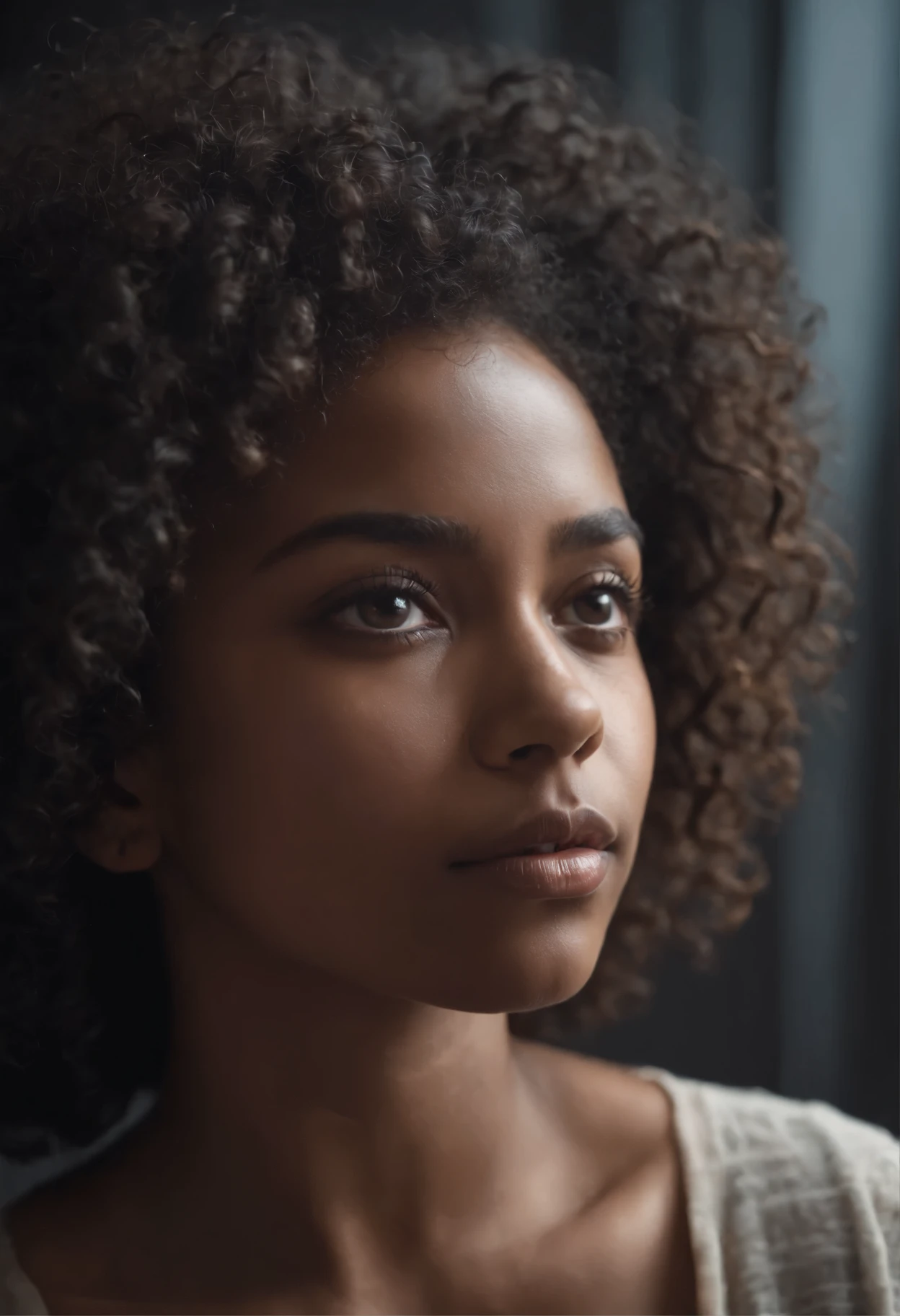 Sad black girl with curly hair, third eye on forehead, vertical dark lines under eyes
