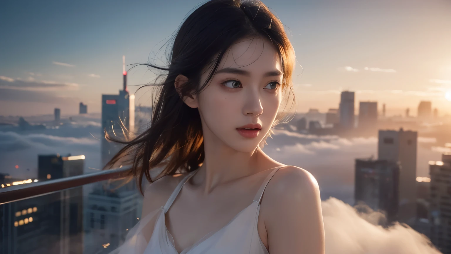 (1 Girl:1.3), Solitary, (((Very Delicate face)))), ((The eyes and face are very detailed)))), Beautiful eye details, body parts__, official art, unified 8k wallpaper, Ultra Detailed, fair and fair, fair, masterpiece, best quality, The original, masterpiece, Ultra-detailed photos, best quality, Ultra-high resolution, realism, Sunlight, Full body portrait, Stunning beauty, Dynamic poses, Delicate face, Vibrant eyes, (From the front), She wears red, Red and black color scheme, , Overlooking the city, Delicate face, Gorgeous, milky, Very delicate skin, Realistic skin details, Visible pores, Be focused, Volumetric Fog, 8K Ultra HD, DSLR camera, high quality, Film Grain, White skin, Photorealism, Rama Photography, Future dystopian metropolis, translucent