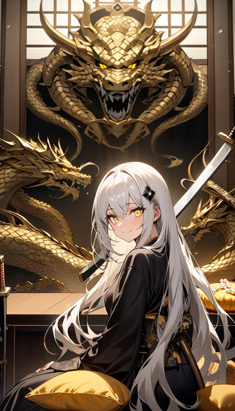 One woman, flowing white hair, melancholy eyes, yellow eyes, black diamond-shaped hairpin, warlord, golden cushion, seated, looking pompous, luxurious Japanese style room, swords displayed and displayed on a sword stand in the background, smiling, cheeks puffed out and making good job hand signs toward us, accompanied by numerous dragons, looking back,