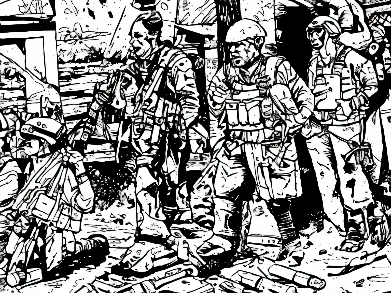 ((grey scale)), one man, vest, sci-fi, pistol, tools, weapons, suit, speaking, worn out, guards, helmet, neurohelmet, pilot, guard, rifle, holster, ballistic vest, boots