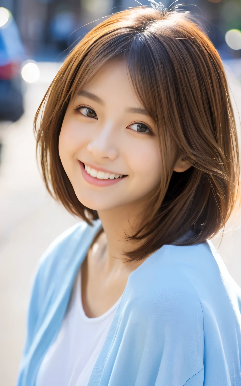 Cute 21 year old Japanese、city、shopping、Super detailed face、Pay attention to the details、double eyelid、Beautiful thin nose、Sharp focus:1.2、Beautiful woman:1.4、(Light brown hair,short hair、),Pure white skin、highest quality、masterpiece、Ultra-high resolution、(Photorealistic:1.4)、Highly detailed and professional lighting、nice smile、Please show me your whole body、Cute Spring Clothes、