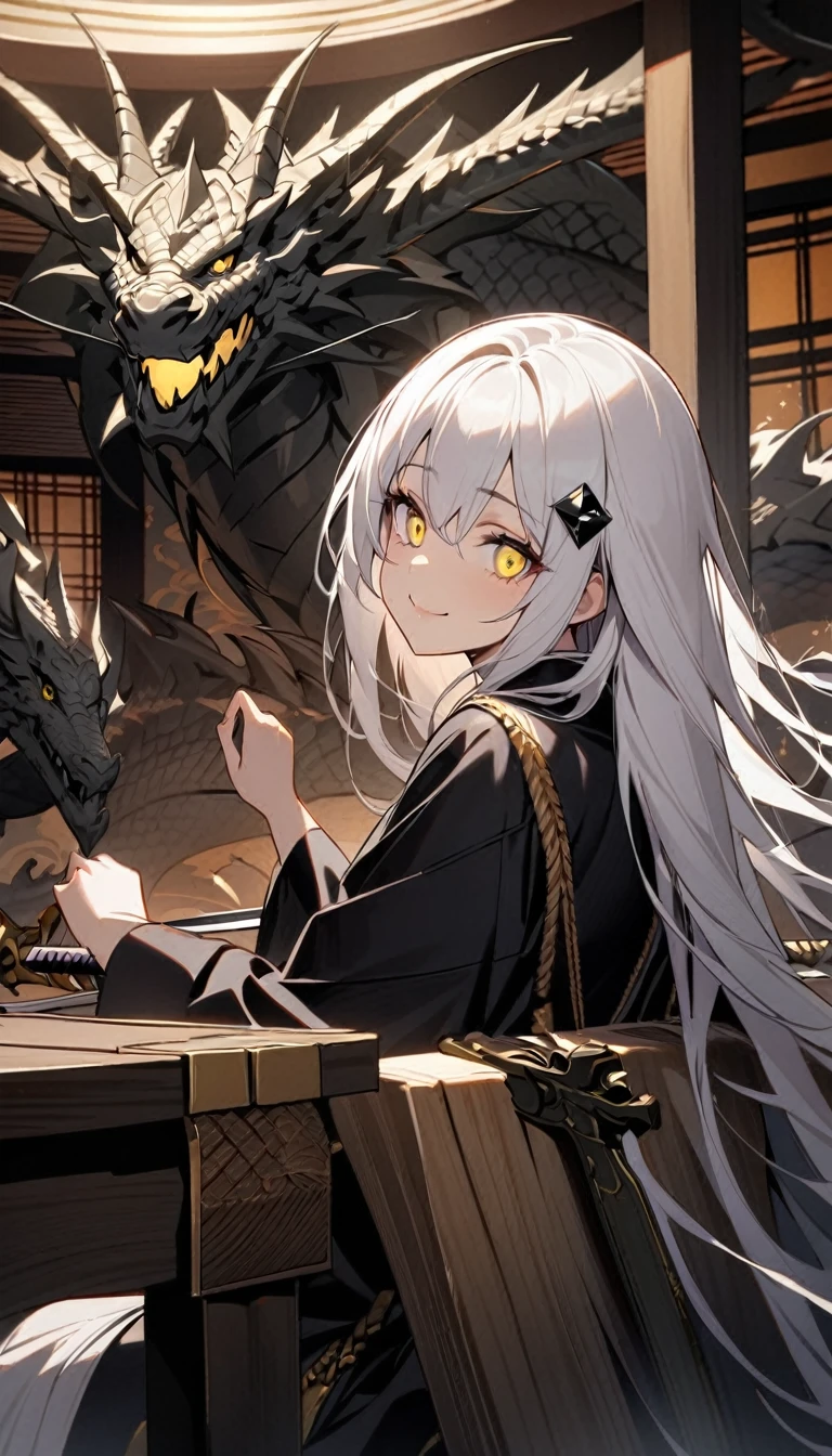 One woman, flowing white hair, melancholy eyes, yellow eyes, black diamond-shaped hairpin, warlord, seated, looking pompous, luxurious Japanese style room, swords displayed and displayed on a sword stand in the background, smiling, cheeks puffed out and making good job hand signs toward us, accompanied by numerous dragons, looking back,