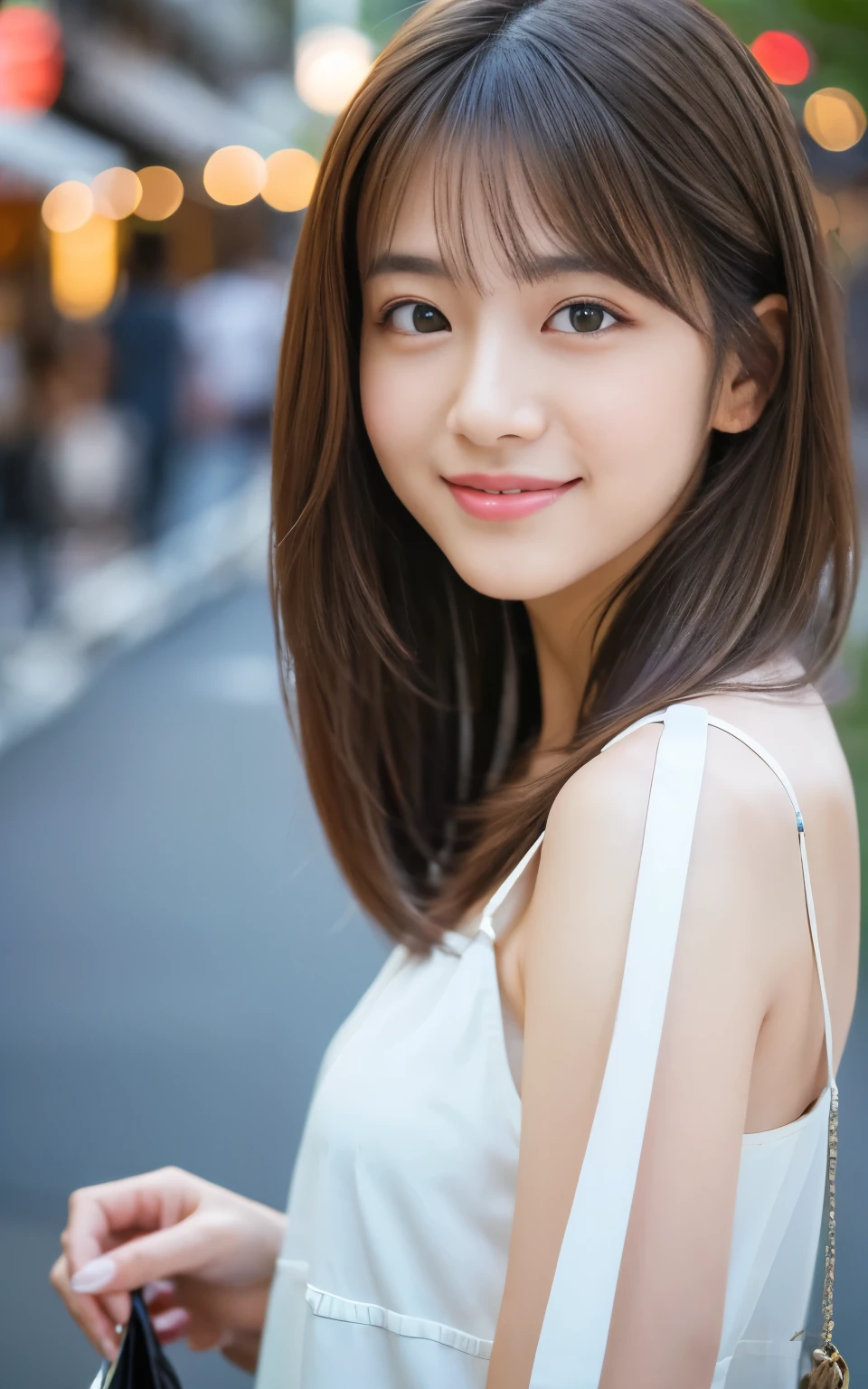 Cute 21 year old Japanese、city、shopping、Super detailed face、Pay attention to the details、double eyelid、Beautiful thin nose、Sharp focus:1.2、Beautiful woman:1.4、(Light brown hair,short hair、),Pure white skin、highest quality、masterpiece、Ultra-high resolution、(Photorealistic:1.4)、Highly detailed and professional lighting、nice smile、Please show me your whole body、Cute Spring Clothes、