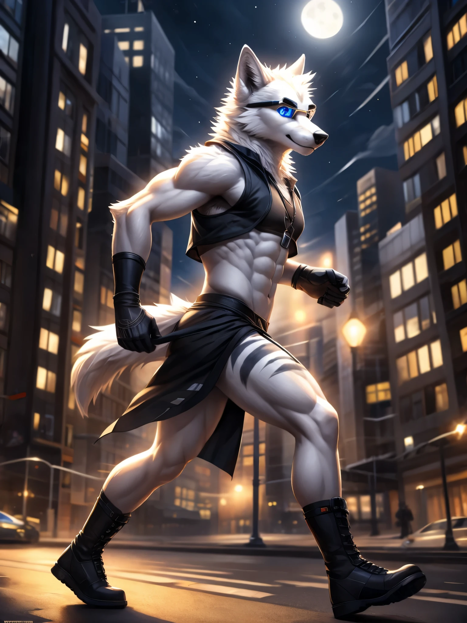 Solo, teen furry, furry, teen, white wolf, wolf, white body, white fur, grey stripes, googles, black sleeveless jacket, black loincloth, masterpiece, Detailed face, big eyebrows, blue eyes, detailed eyes, No muscles, Detailed hands, Flat body, Skinny, Detailed paws, no shirt, no underwear, black gloves, black boots, city, night, side view, running