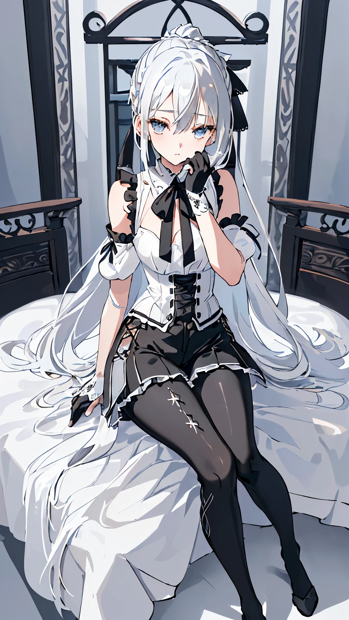 (((1 girl)),Ray Tracing,((Silver Hair)),((Silver Hair)),(Fluffy Silver Hair, Plump and slender girl)) Raised ponytail)))) Avoid blonde eyes in the ominous ((((Girls、She wears intricately embroidered black high-waisted pants and pantyhose.。) White frilly ribbon gloves), Showing off a delicate, slim figure and graceful curves, Correct limbs, Sitting on the bed,Perfect Face,Masterpiece,highest quality,Highest quality,Perfect hands,Perfect Fingers,No background