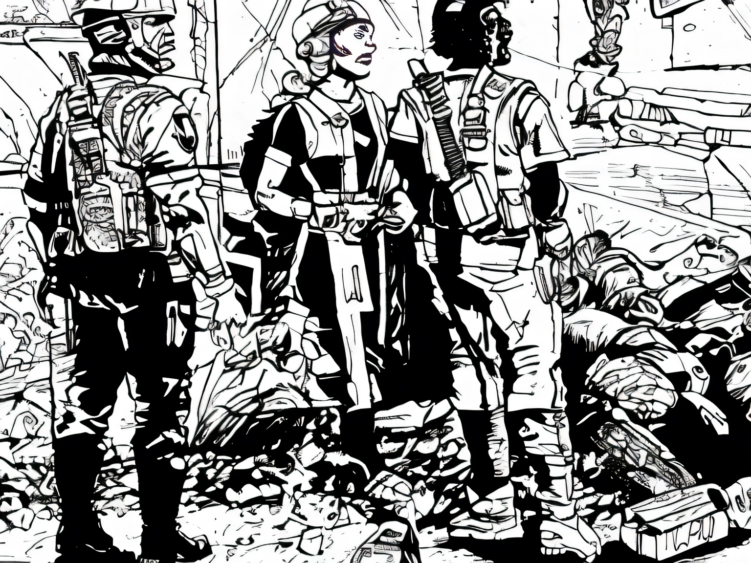((grey scale)), man, woman, vest, sci-fi, pistol, tools, weapons, suit, speaking, worn out, guards, helmet, neurohelmet, pilot, guard, rifle, holster, ballistic vest, boots