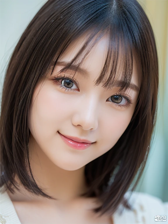 Medium Shot、(highest quality:1.5)、(Realistic:1.5)、(1 person:1.5)、(Very detailed)、(High resolution)、8k、Looking down、(Yellow floral camisole)、normal breasts、Natural color lips、Cute Smile、20-year-old girl、(Beautiful and elaborate face)、(Perfect and beautiful face)、(Big eyes)、(Beautiful and elaborate face)、(Beautiful, balanced eyes)、Perfect and beautiful double eyelids、Perfect and beautiful face、Arched eyebrows、 Thin eyebrows、Feminine poses、Slim face、Slim figure、Beautiful and thin nose、 Beautiful Skin、(Medium Bob Hair)、Natural Bangs、Fair skin、Front lighting、Lighting the face、Beautiful cleavage、Deep blue eyes、