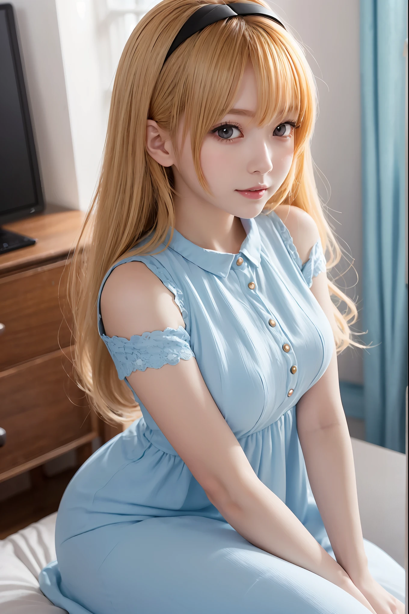 Highly Detailed CG Integrated 8k Wallpaper、Very Good、Absurd、8KCG Wallpaper、Highest Quality、Super Detailed、Cute Face、Anime Girl Sitting on Bed in Blue Dress and White Shirt, Home Art Animes, Blonde Long Hair anime girl, anime style as destiny, Cute girl anime pictures, cute anime wife in a nice dress, in a dress, best anime girl, small curves, anime moe art style、The stars are full of shine