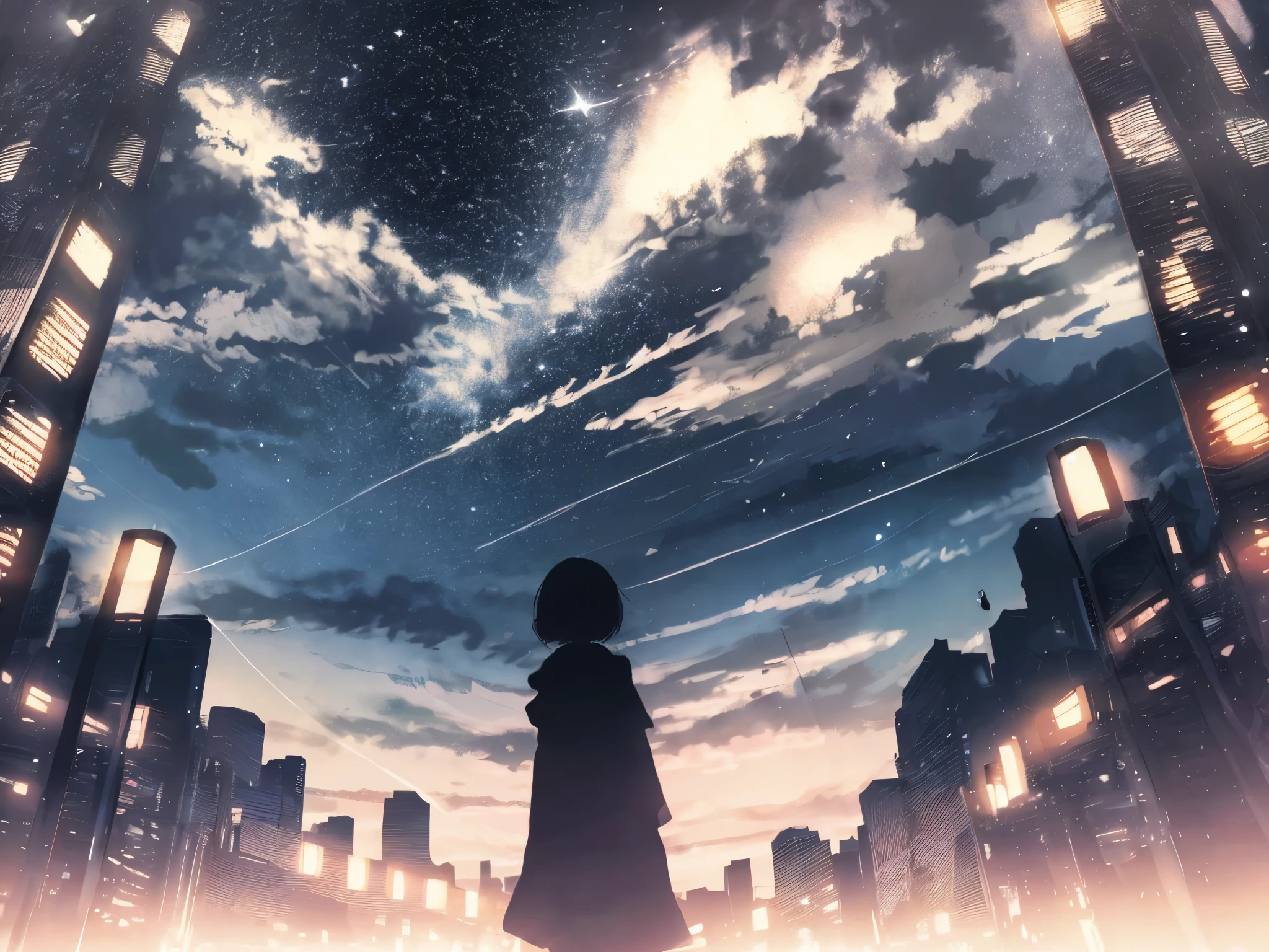 anime,silhouette,1girl, headphone、Back view、Blonde、Holding a cigarette in your hand、in the room,dark,star (sky), cloud, cityscape, building, city, outdoors, skyscraper, city lights, night, night sky, sunset, skyline