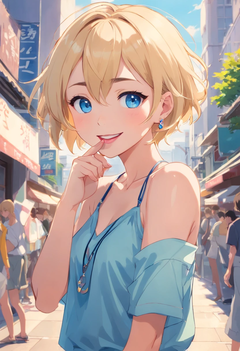 Women, ((Blonde)), ((Blue eyes)), ((Short hair)), ((Full shot)), very detailed makeup, pale pink lipstick, long earrings, bare shoulders and jewelry necklace, Scarf tied around the bust, jean shorts and high heels, with mischievous laugh