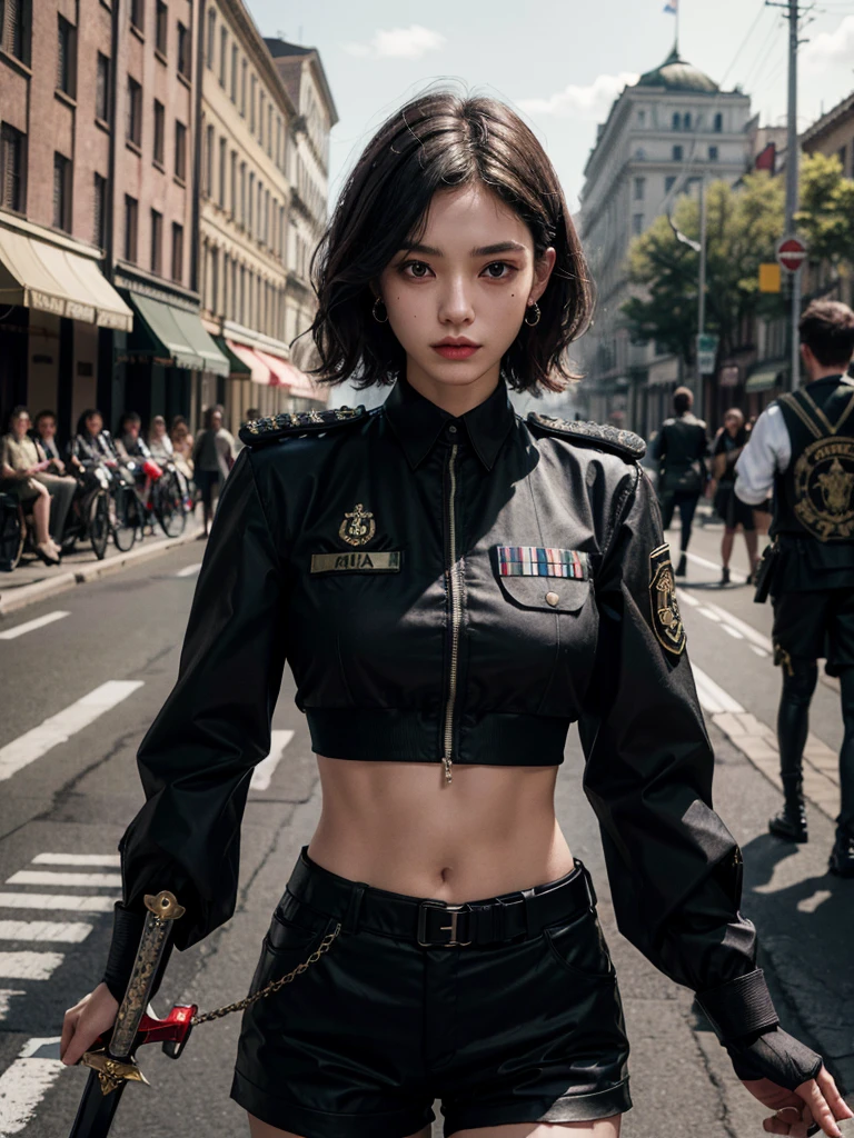 whole body, ((long sword)), ((Black military uniform)), Ladies' military vests, absurdres, RAW photo, extremely delicate and beautiful, masterpiece, Best Quality, ultra high resolution, 32k, hyperrealistic, ultra-detailed, tearful mole, earring, short medium hair, wavy hair, urban backdrop, shorts, midriff,
