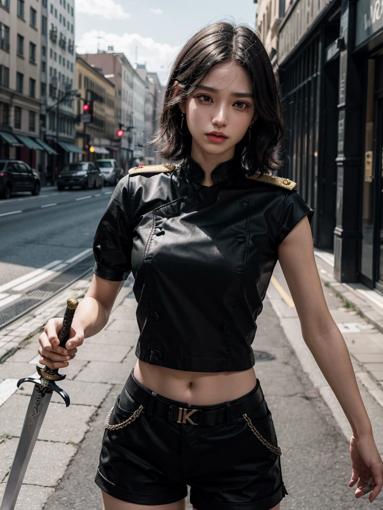 whole body, ((long sword)), ((Black military uniform)), Ladies' military vests, absurdres, RAW photo, extremely delicate and beautiful, masterpiece, Best Quality, ultra high resolution, 32k, hyperrealistic, ultra-detailed, tearful mole, earring, short medium hair, wavy hair, urban backdrop, shorts, midriff, 