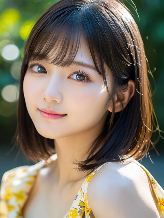 Medium Shot、(highest quality:1.5)、(Realistic:1.5)、(1 person:1.5)、(Very detailed)、(High resolution)、8k、Looking down、(Yellow floral camisole)、normal breasts、Natural color lips、Cute Smile、20-year-old girl、(Beautiful and elaborate face)、(Perfect and beautiful face)、(Big eyes)、(Beautiful and elaborate face)、(Beautiful, balanced eyes)、Perfect and beautiful double eyelids、Perfect and beautiful face、Arched eyebrows、 Thin eyebrows、Feminine poses、Slim face、Slim figure、Beautiful and thin nose、 Beautiful Skin、(Medium Bob Hair)、Natural Bangs、Fair skin、Front lighting、Lighting the face、Beautiful cleavage、Deep blue eyes、