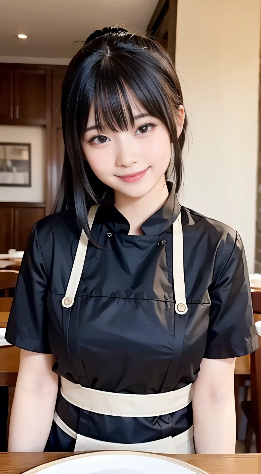 (highest quality,masterpiece:1.3,Ultra-high resolution,),(Very detailed,Caustics),(Photorealistic:1.4,RAW shooting,)Ultra-Realistic Capture,Very detailed,High resolution 16K human skin closeup。 Natural skin texture、,Pores、、、、It must be detailed enough to be easily identifiable。 Skin tone is even and healthy looking。 Use natural light and color,restaurant,Waitress Uniform,1 girl,Japanese,18-year-old,cute,Black-haired,ponytail,Big Breasts,smile,Turn your body forward,(Front view:1.1),Looking at the camera,Cowboy Shot,