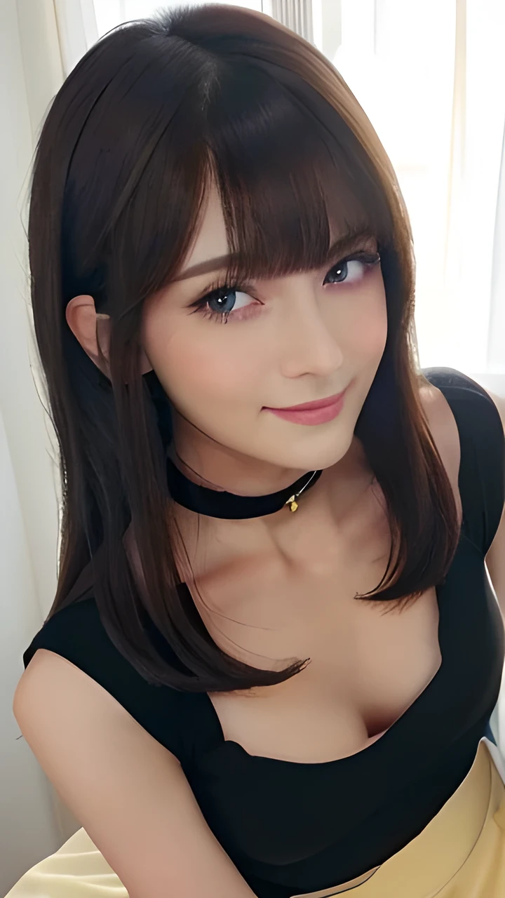 masterpiece, Front view, Cute Japanese aristocratic woman, (輝くBrown Hair, Straight Long Hair), ((Ivory tight T-shirt, mini skirt)), Very cute face, Glossy Lips, Double eyelids on both eyes, Natural Makeup, Brown Hair, Asymmetrical bangs, High resolution, Attention to detail, Detailed hairstyle, Detailed face, Octane Rendering, Ultra-realistic, Perfect limbs, ((Black choker)), blue eyes, (Big Breasts), ((Slim body:1.5)), Cool Beauty, ((Slim face)), smile, Mature Woman, Browsing Caution:-1.2, Long, Bushy Eyelashes, Cleavage, ((Rural outskirts)), 