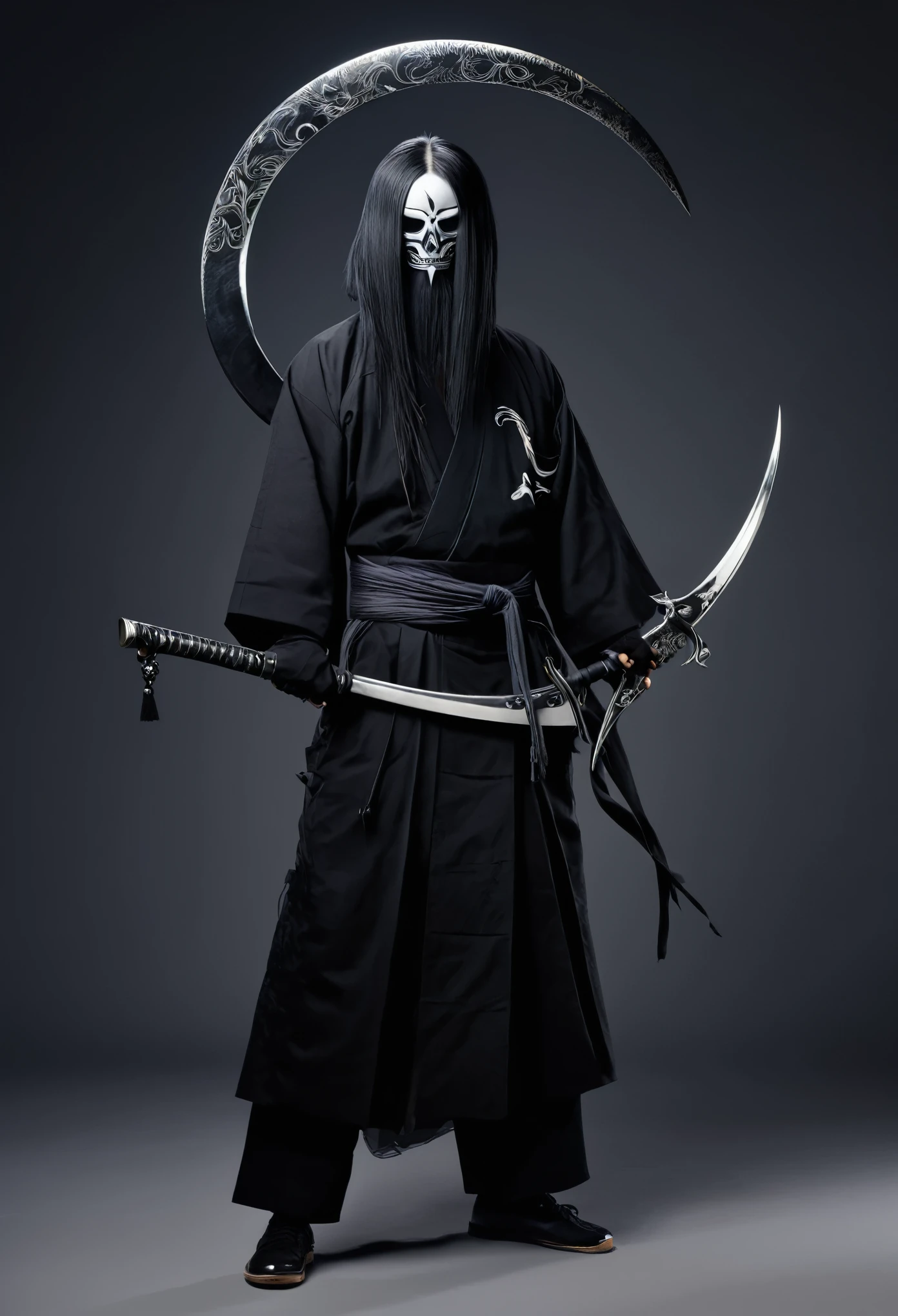 A man, holding a black sickle decorated with Japanese symbols meaning death, a black flame coming out of the decoration, the edges of the sickle come out of it black winds with ghosts of skulls, the best Judy for the face and sickle The man is wearing appropriate clothes of sickle steel, the man's hair is black, the man is the embodiment of the shinigami, (the background of the CG 8k module is very detailed) (best quality), (best illustration), (best shades), very detailed t --v6