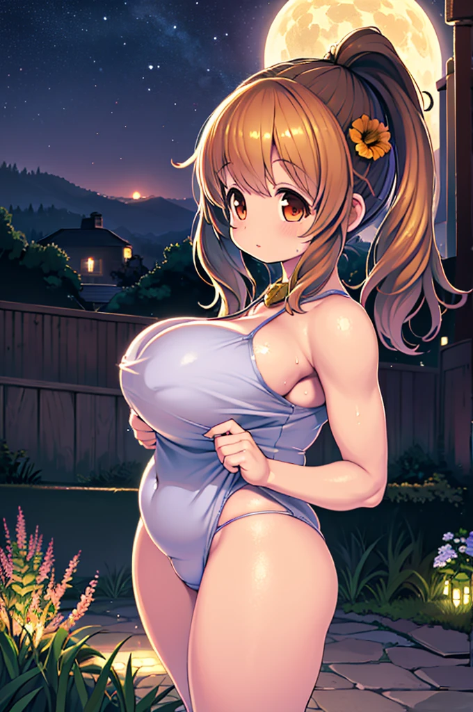 of the highest quality, high_resolution, Distinct_image, Detailed background, girl, flower, garden, Starry sky,、Huge chubby、Ultramammy、Under the full moon