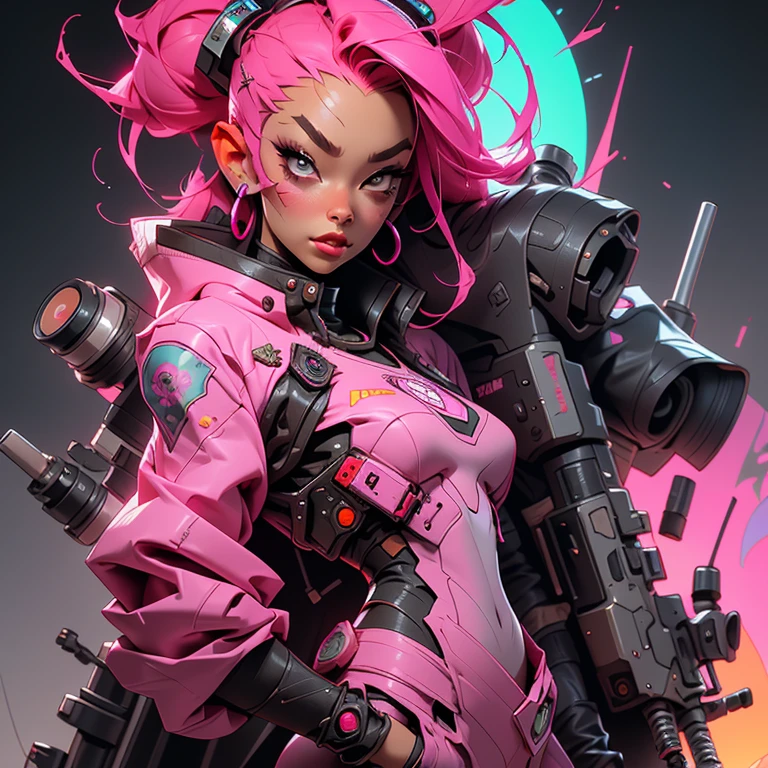 a woman with a gun standing in front of a sunset, cyberpunk cyborg. roses, rossdraws pastel vibrant, cybernetic neck implant, sci - fi : :, fuchsia skin below the armor, kim jung-gi, a portrait of an android, art »