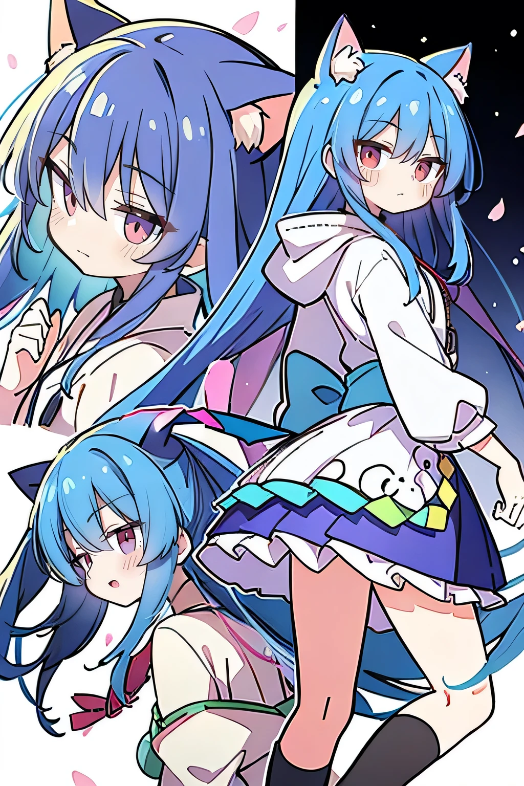 （masterpiece：1.2），Super detailed，lifelike，Expressive eyes，fair skin，perfect face shape，1 girl，
Japanese comics,Gorgeous blue hair,flowing blue hair,flowing clothes,Cat ears,Petals fall,beautiful lola,Baby Angel,
Shaking head with one hand，Cross your legs，Gentle and peaceful background，The pavilion is cool and comfortable,smile, wearing hoodie, background of tokyo,back views,snowing, winter.