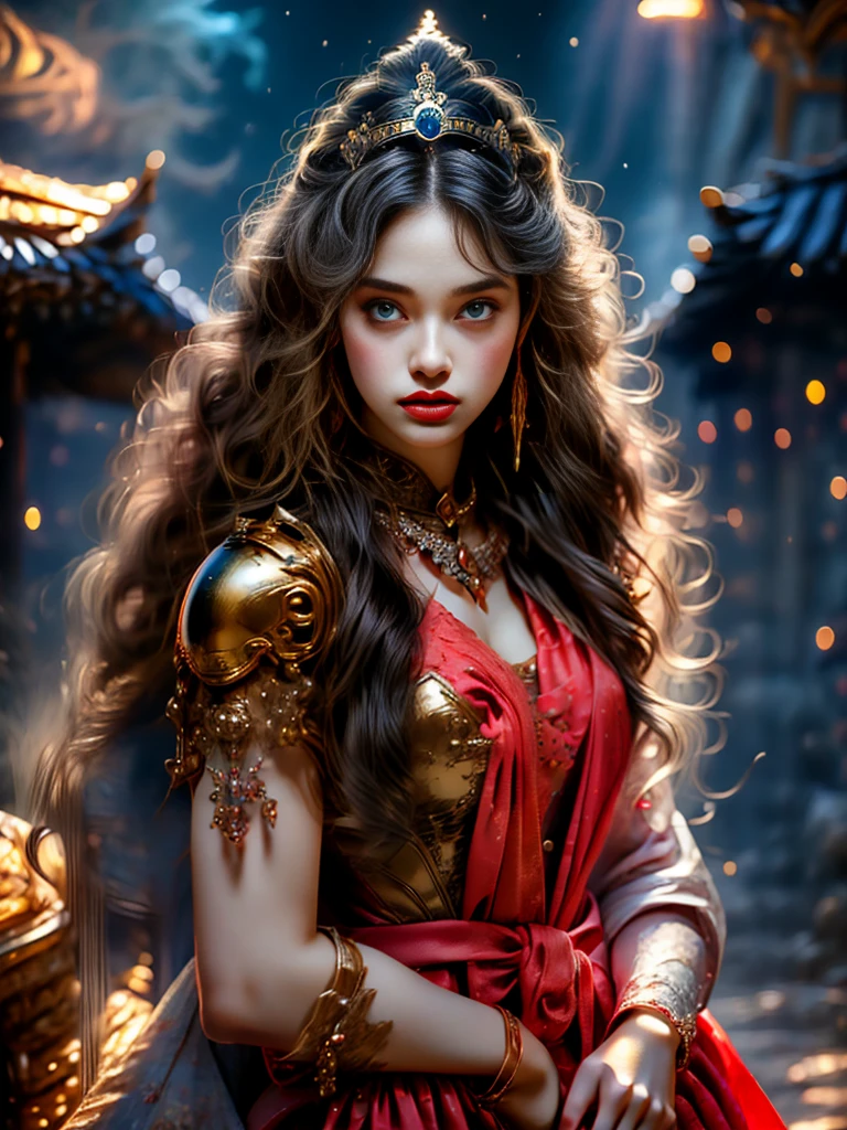 Black Armored Woman，Long hair，Hold the advanced sword in the right hand，Armor fighting scene，Very cute face，Very slim的身材，Very slim，Small waist，Super perfect，Perfect big round breasts，Smooth skin，Silky hair，blue eyes，16 years old，Red robe，Blue headscarf princess crown，Luxurious golden pattern armor，Blonde，fighting style，Red lips，blush，Erect nipples，Energetic，红blue eyes，Strong gaze，Seductive eye contact，Bright red iris，Shining deep blue stars，Sparkling eyes，Vibrant colors，(Facing forward:​​1.5)，Fantasy Art，Beautiful illustrations，(Natural side light，Cinema Lighting)，Looking at the audience，Upper Body，((Highest quality))，Highest quality，8K，high resolution，(masterpiece:1.2)，Ultra Detailed，(front:1.9)，(lifelike，lifelike，Reality:1.6)